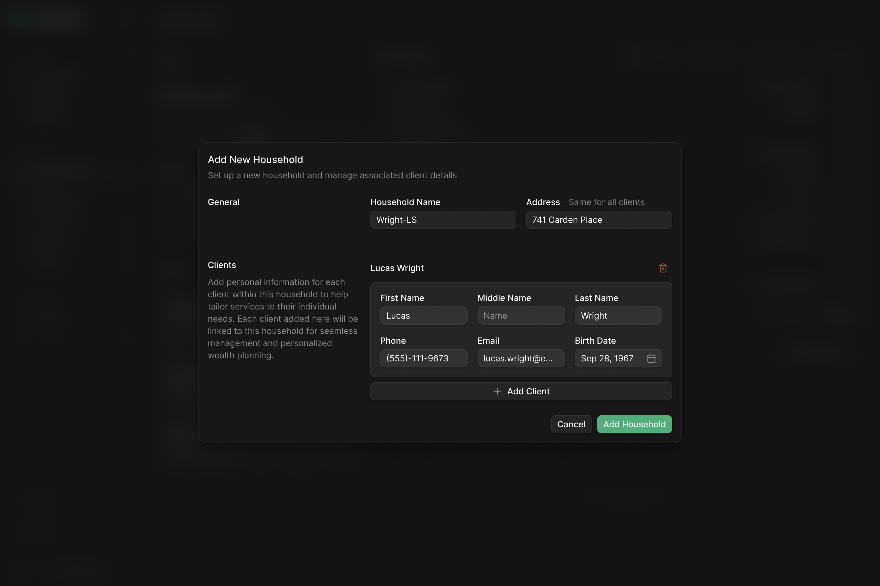 Household creation form grouping the household's general information and address above the people being added