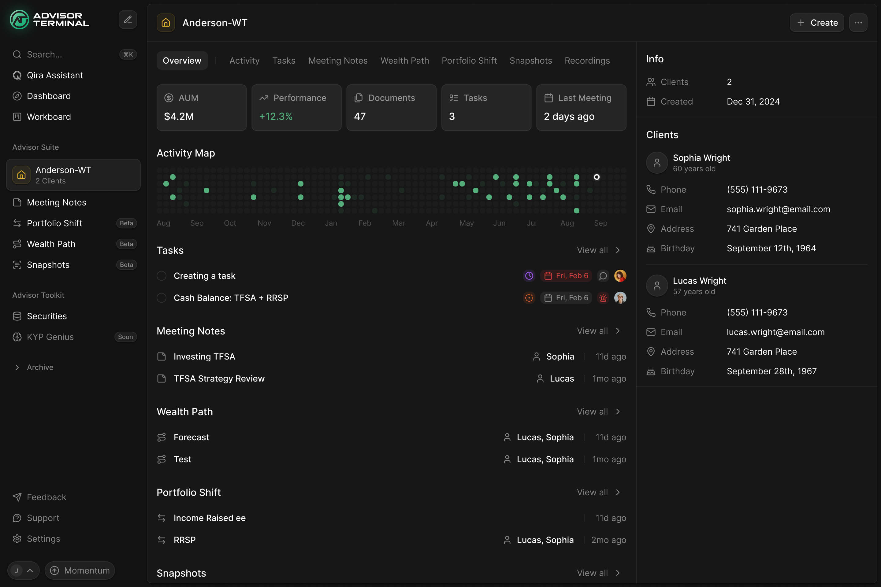 A household overview with a selected household in the sidebar, related advisor tools below it and client information beside the work