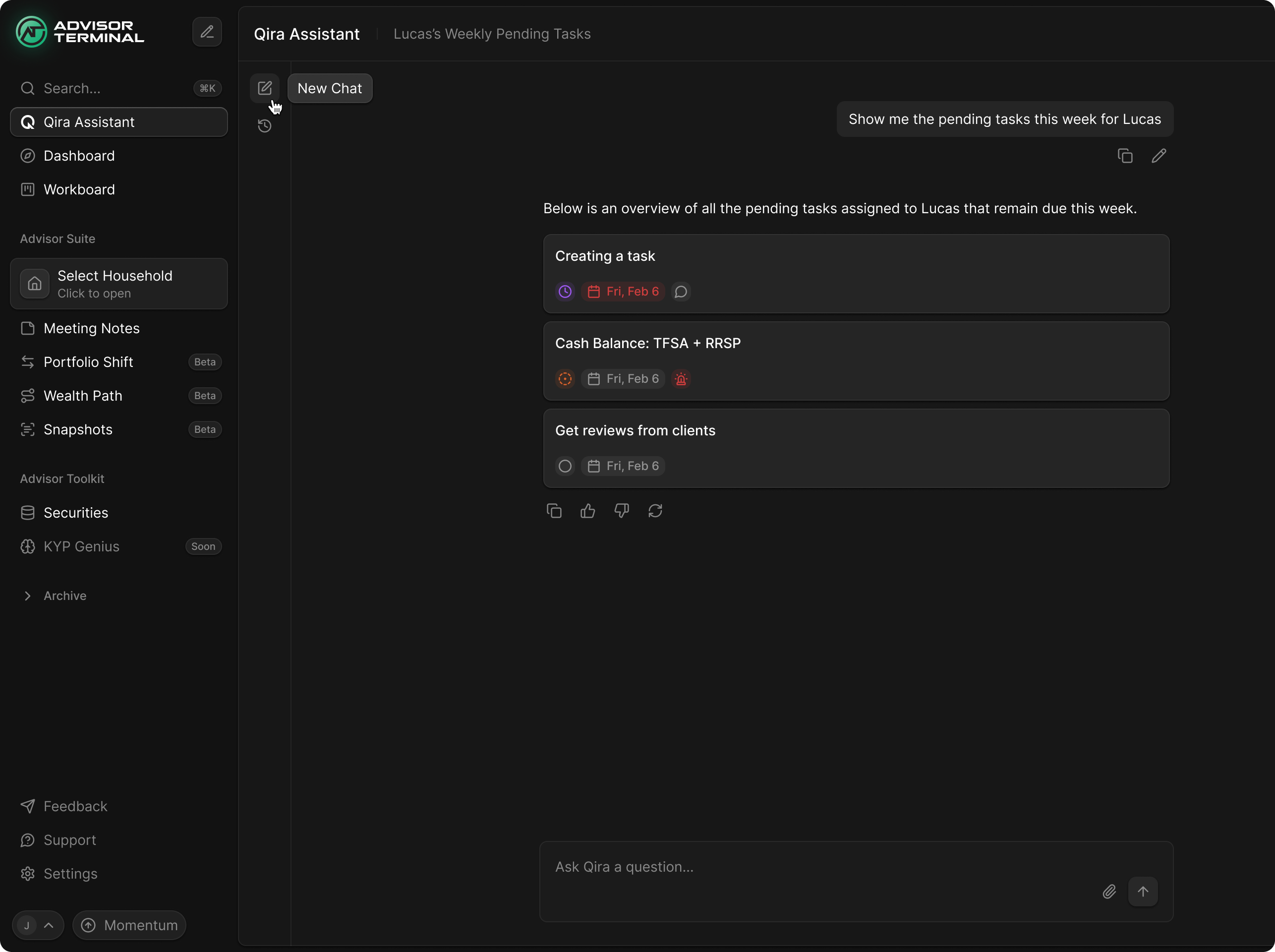 A Qira assistant concept returning dated task cards in response to a request for pending work