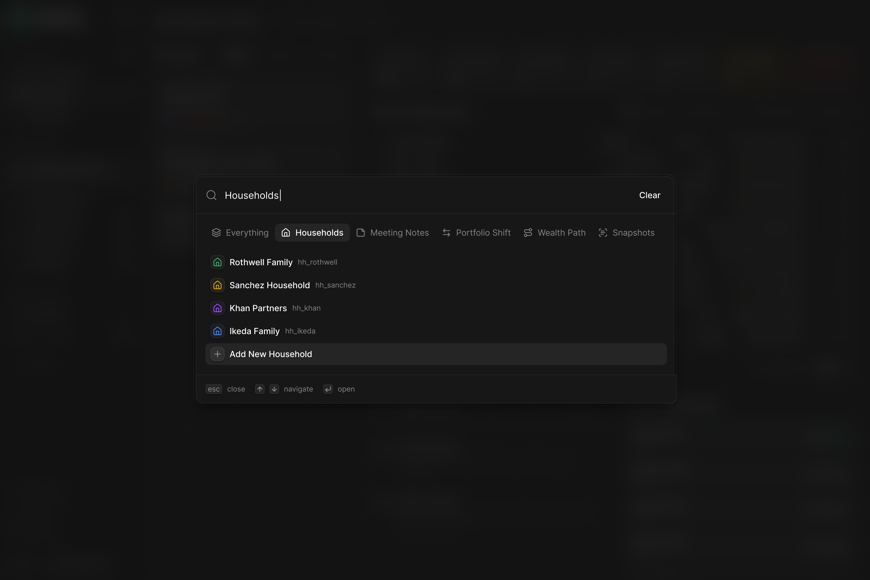 A command panel showing household search results, associated people, record categories and an Add New Household action
