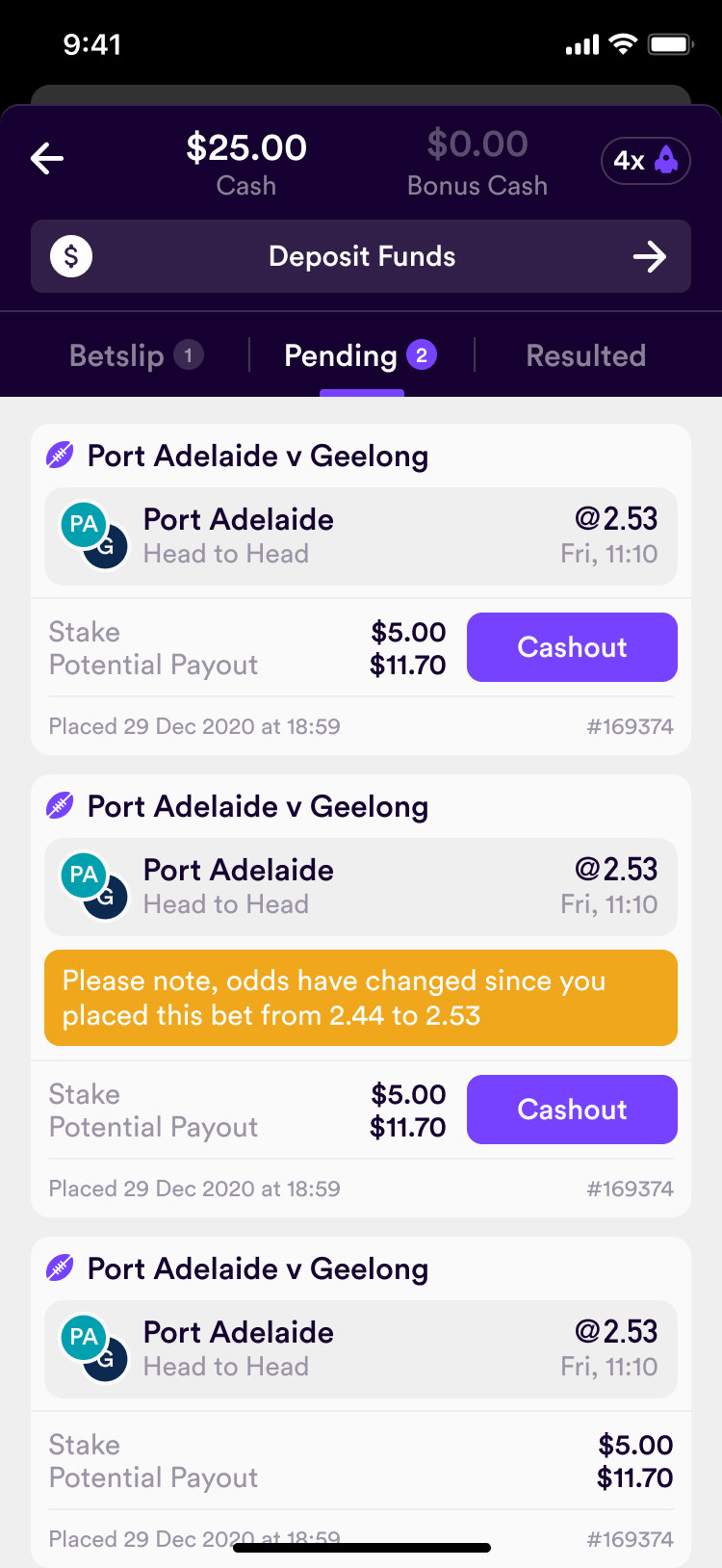 Dabble bet slip with multiple legs