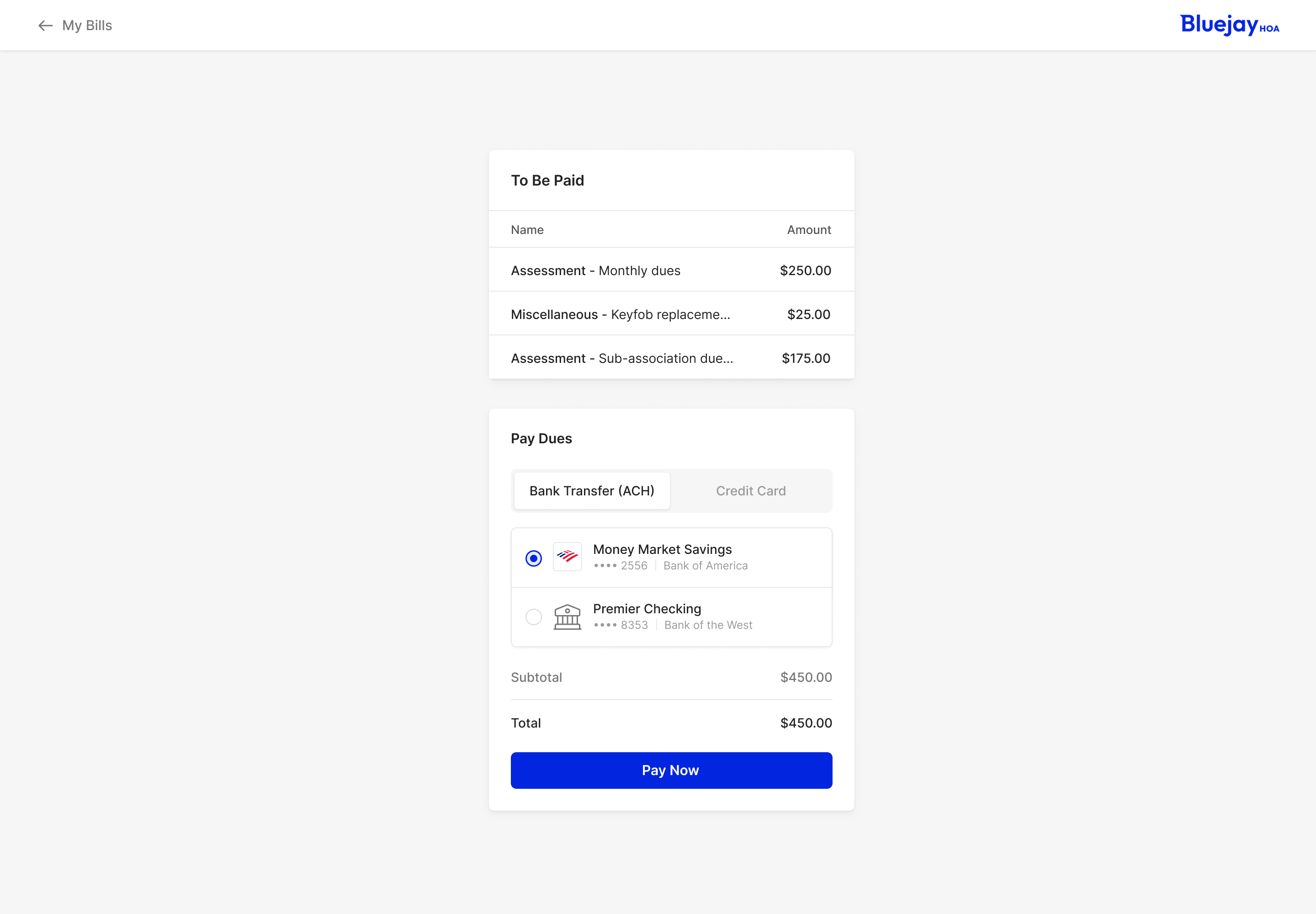 Homeowner payment form with three separate charges above bank transfer and credit card choices, saved bank accounts and the total