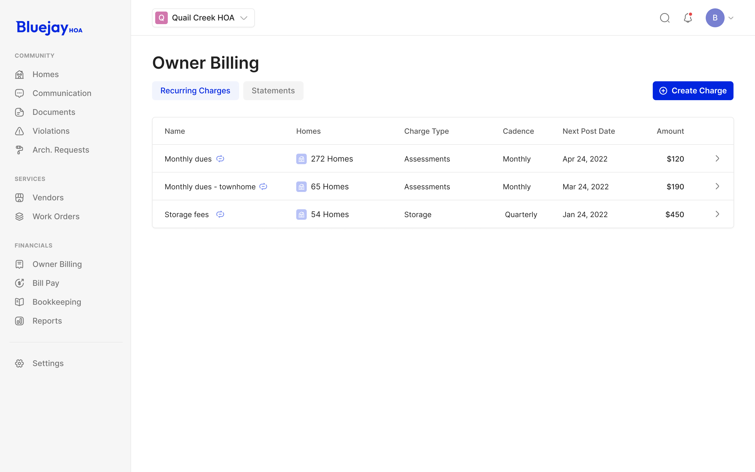Recurring charges table showing which homes each charge applies to, its cadence, next posting date and amount