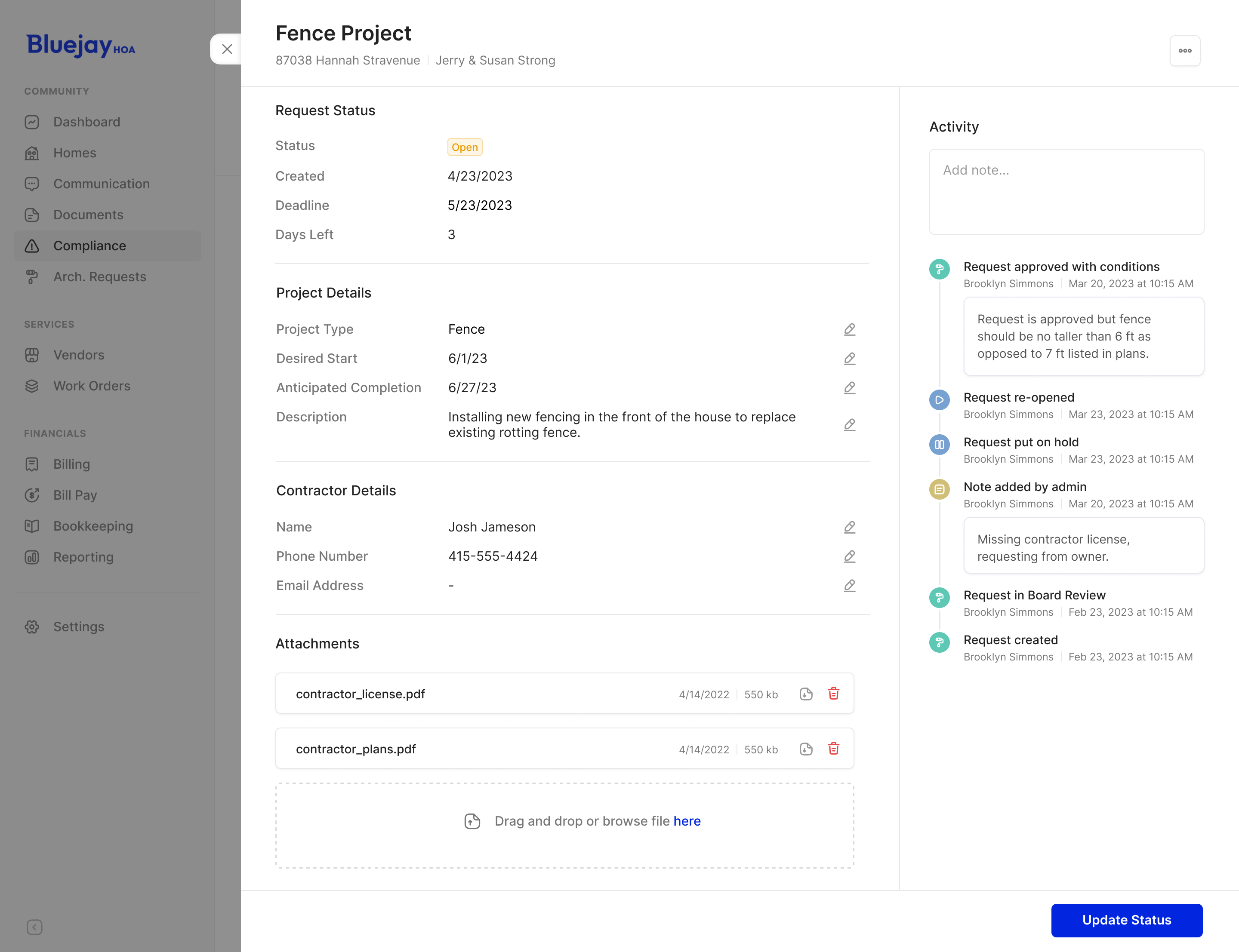 Fence request with project details and attachments on the left and a dated activity history, including approval conditions, on the right