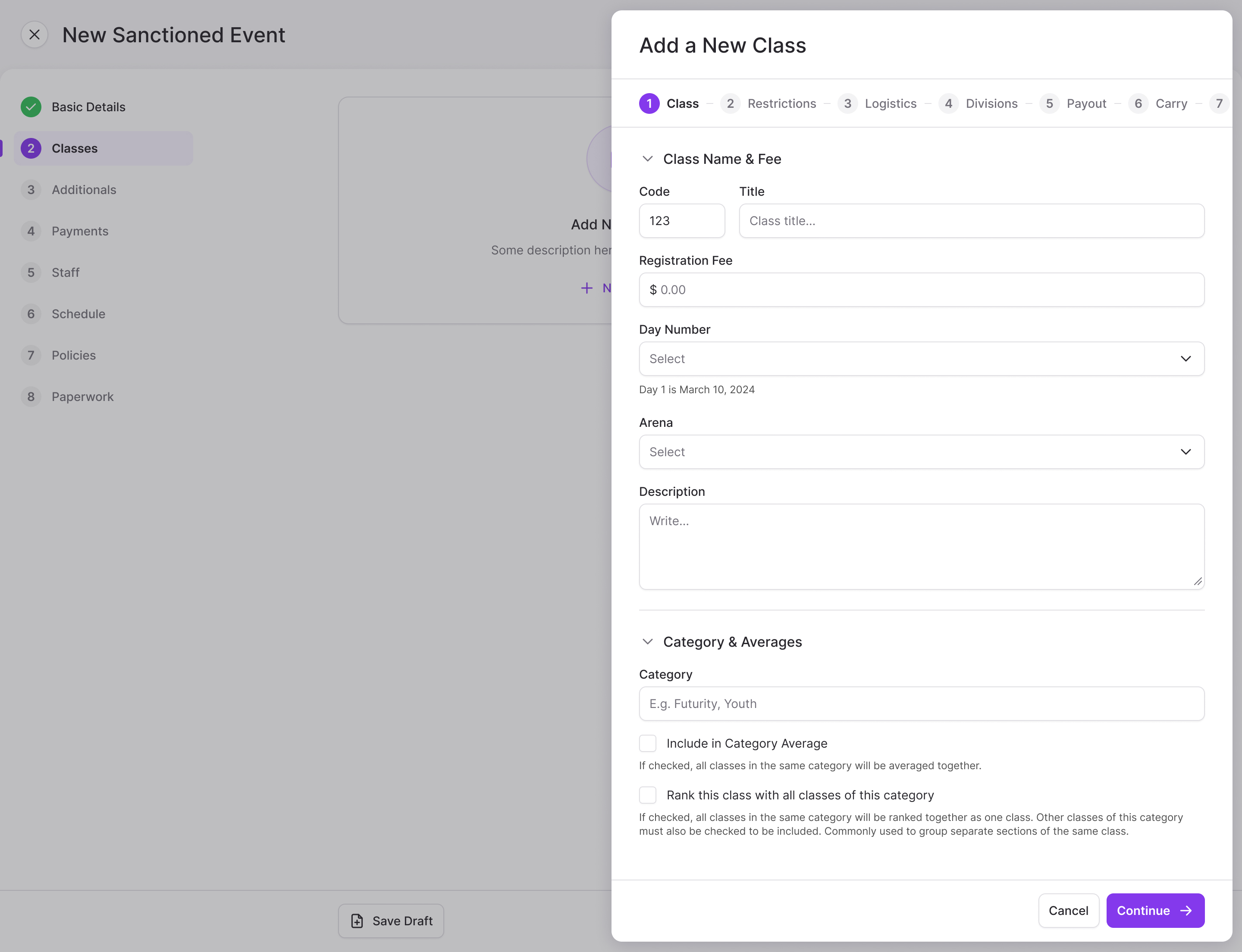 Adding a class with steps across the top and fields for its code, title, fee, day, arena and category