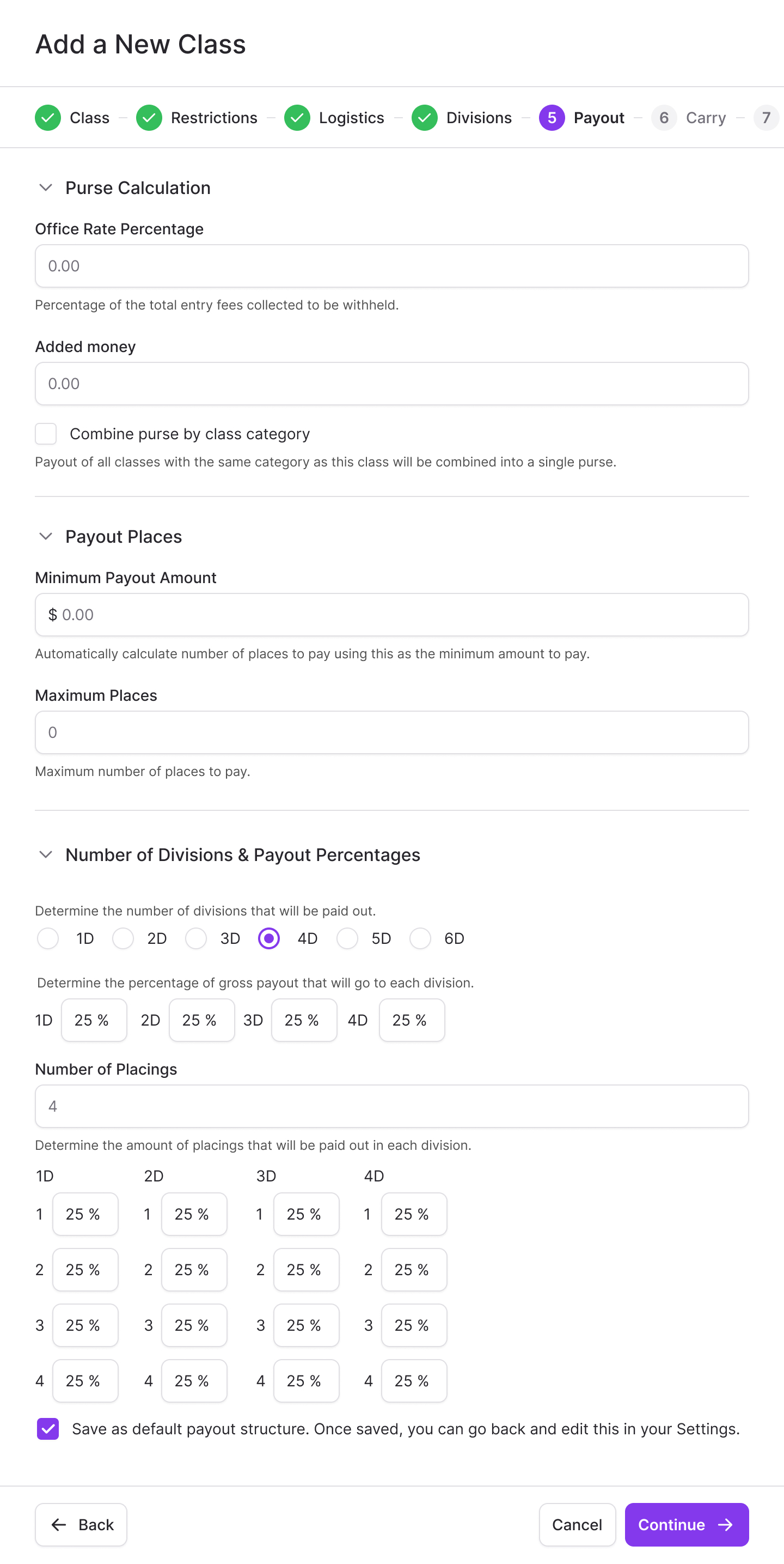 The payout step with office rate, added money and percentages for divisions and placings
