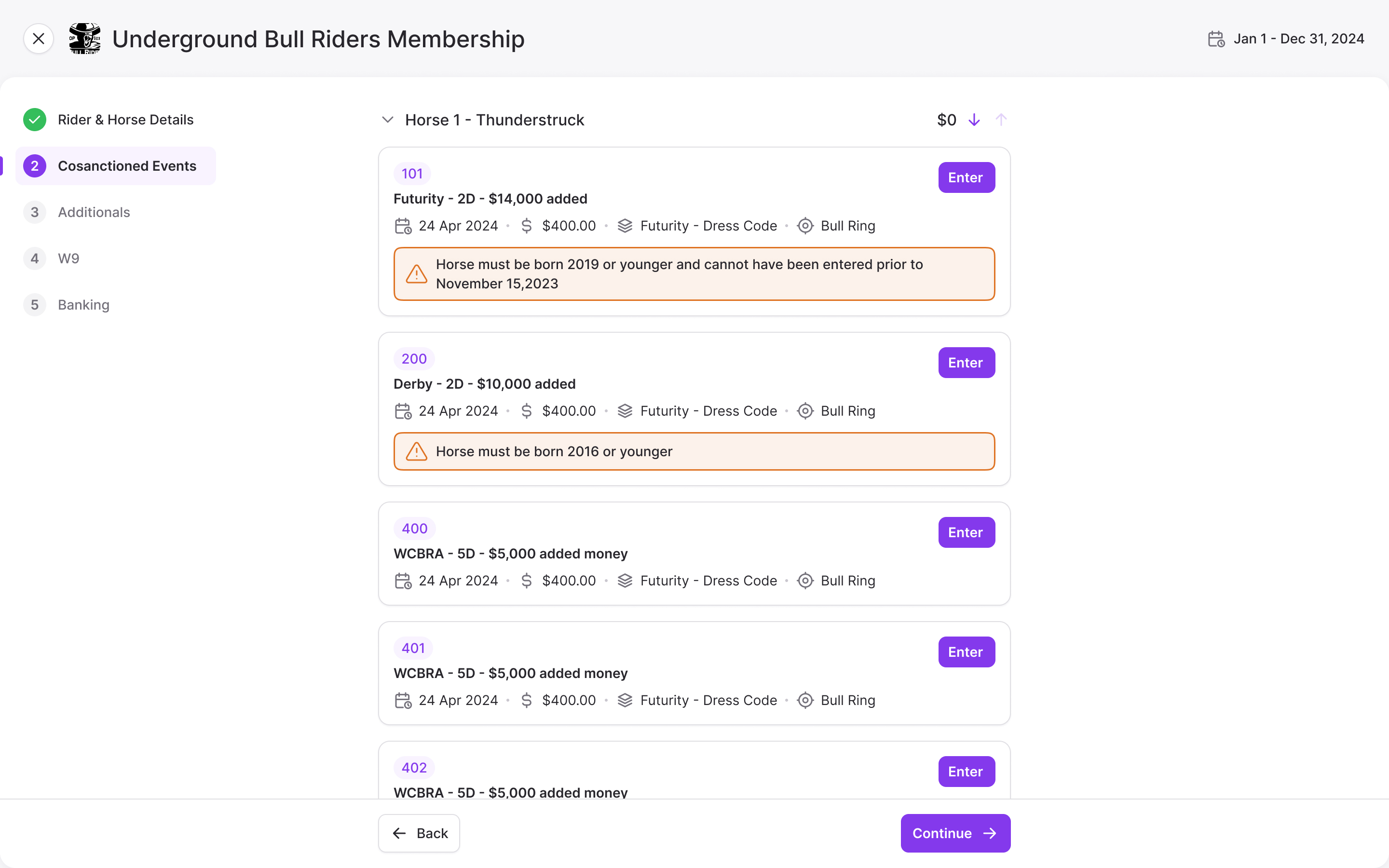 Classes listed for one horse, with Enter buttons, prices and orange notices explaining horse-age requirements