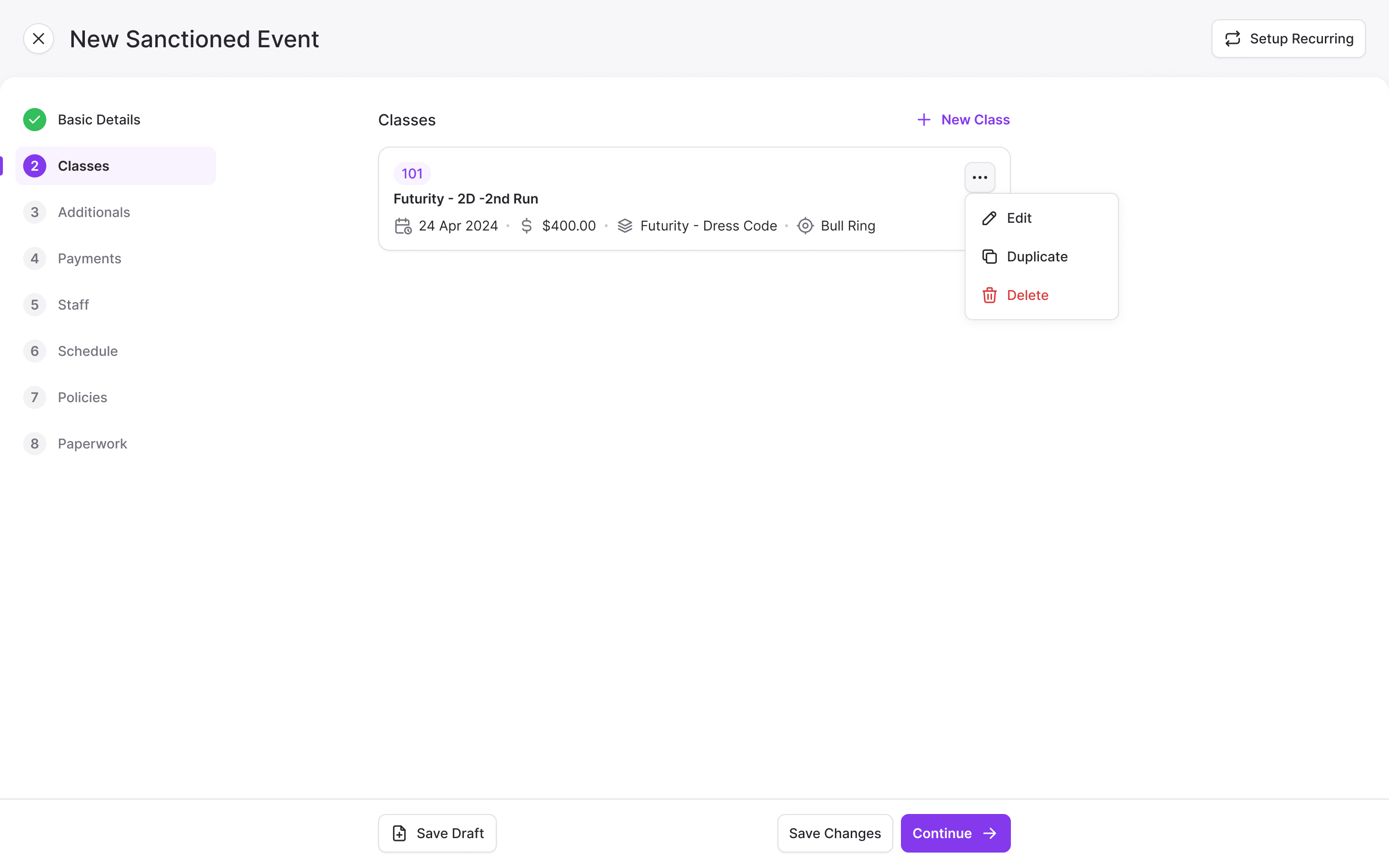 An event's class list with the menu open to edit, duplicate or delete a class
