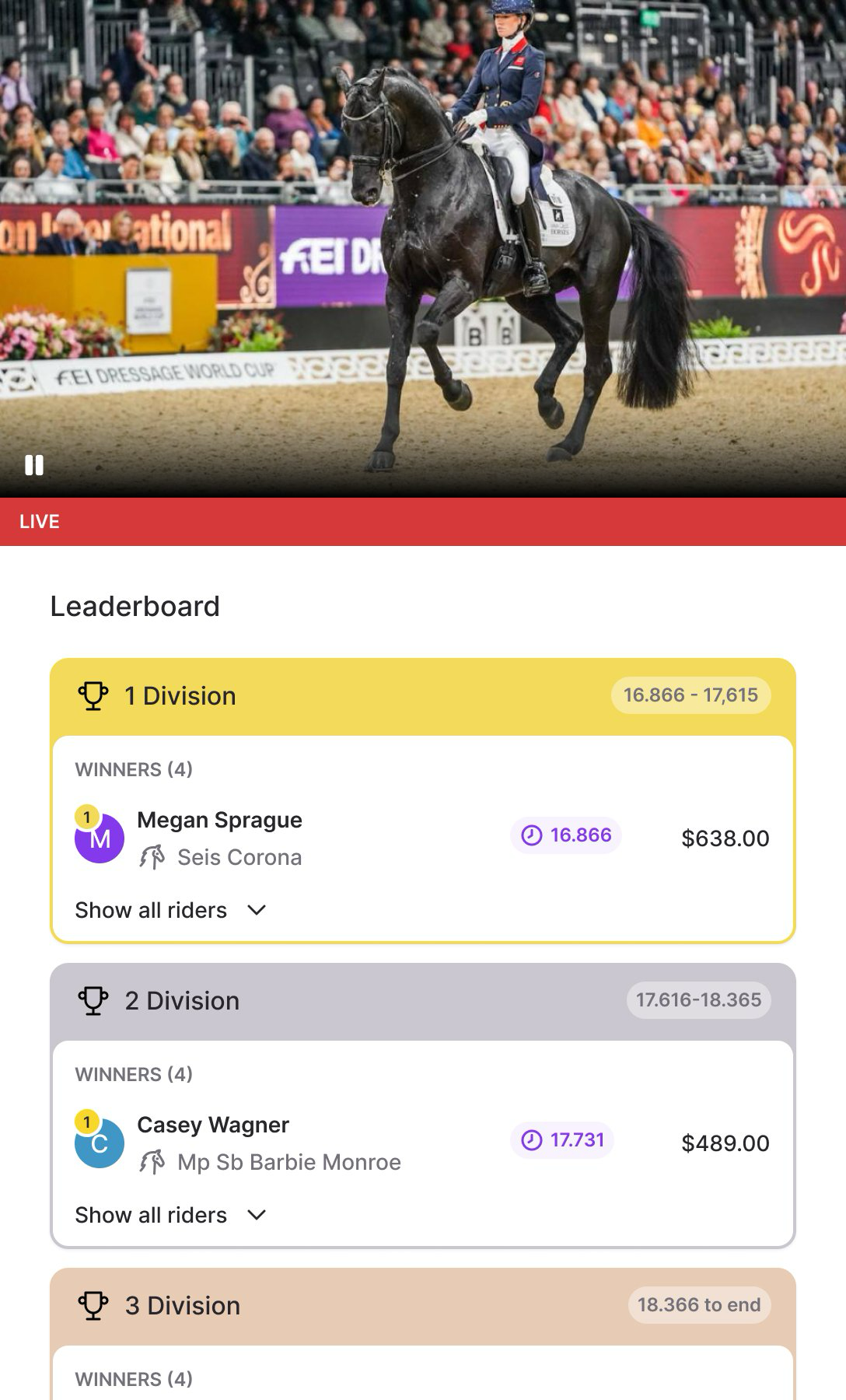 The mobile live leaderboard with a video feed and separate division cards showing riders, horses, times and winnings