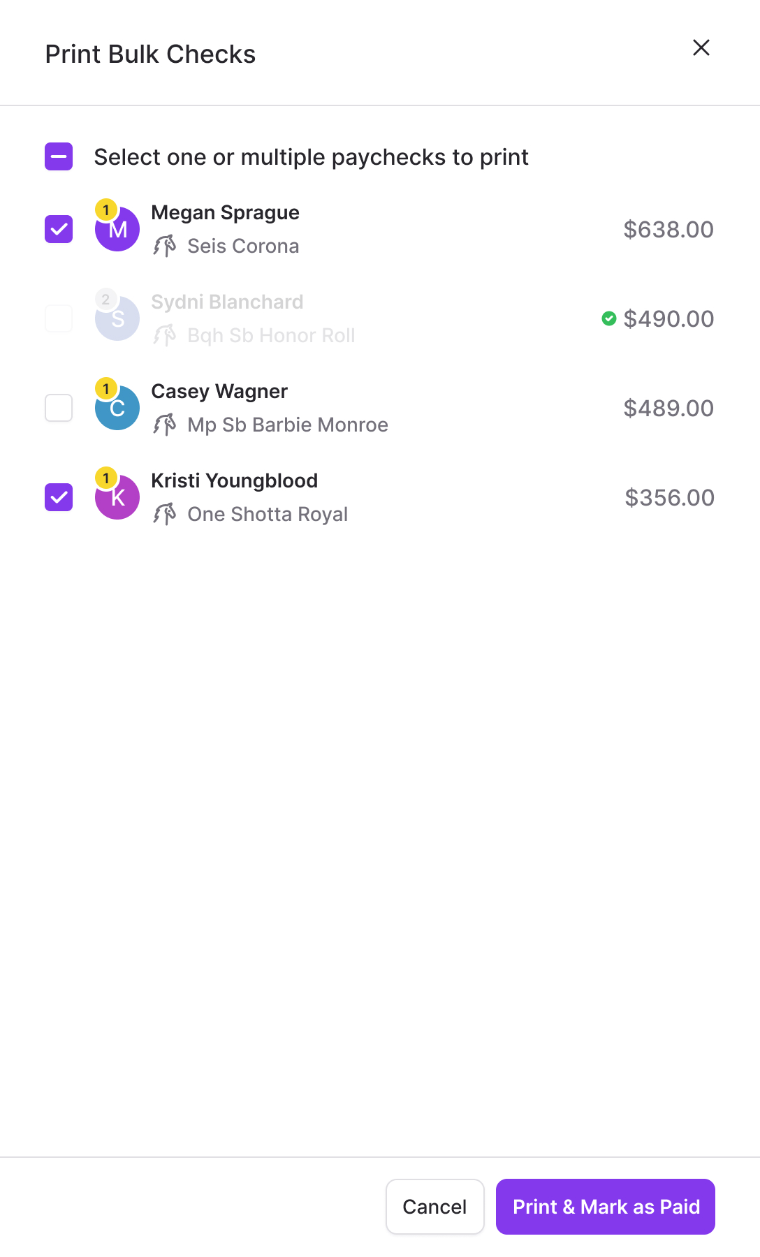 Bulk check printing with one already-paid winner disabled and the other winners available to select