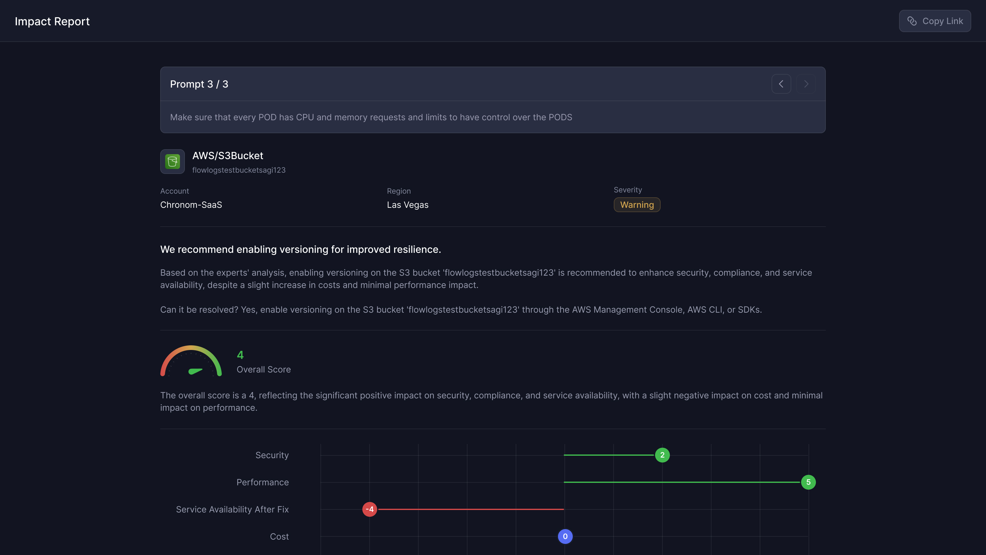 An impact report with a recommendation and overall score above separate -5 to +5 scales for security, performance, availability and cost