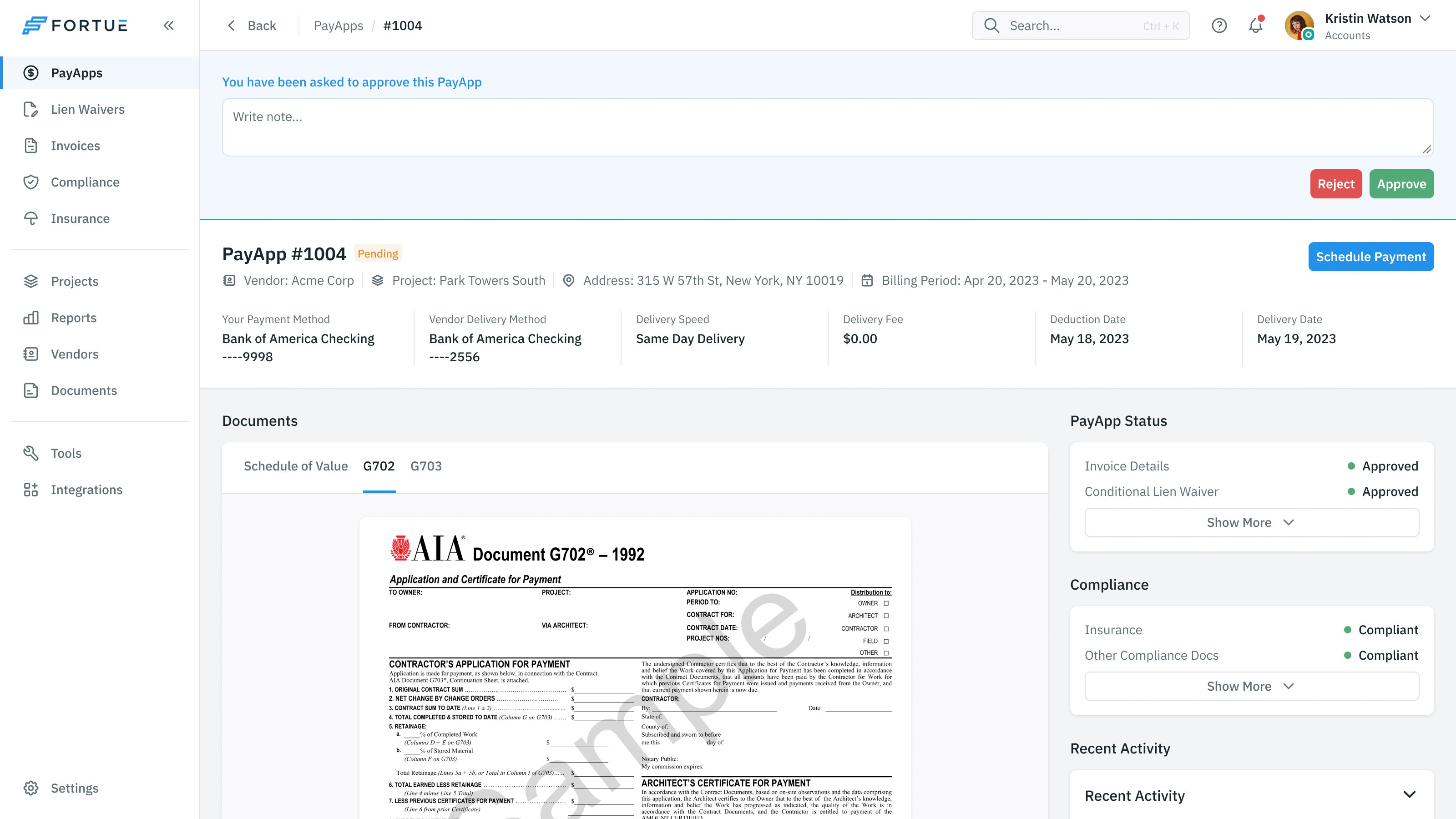 Payment application review with document tabs, approval and compliance statuses, and reject or approve actions above the document