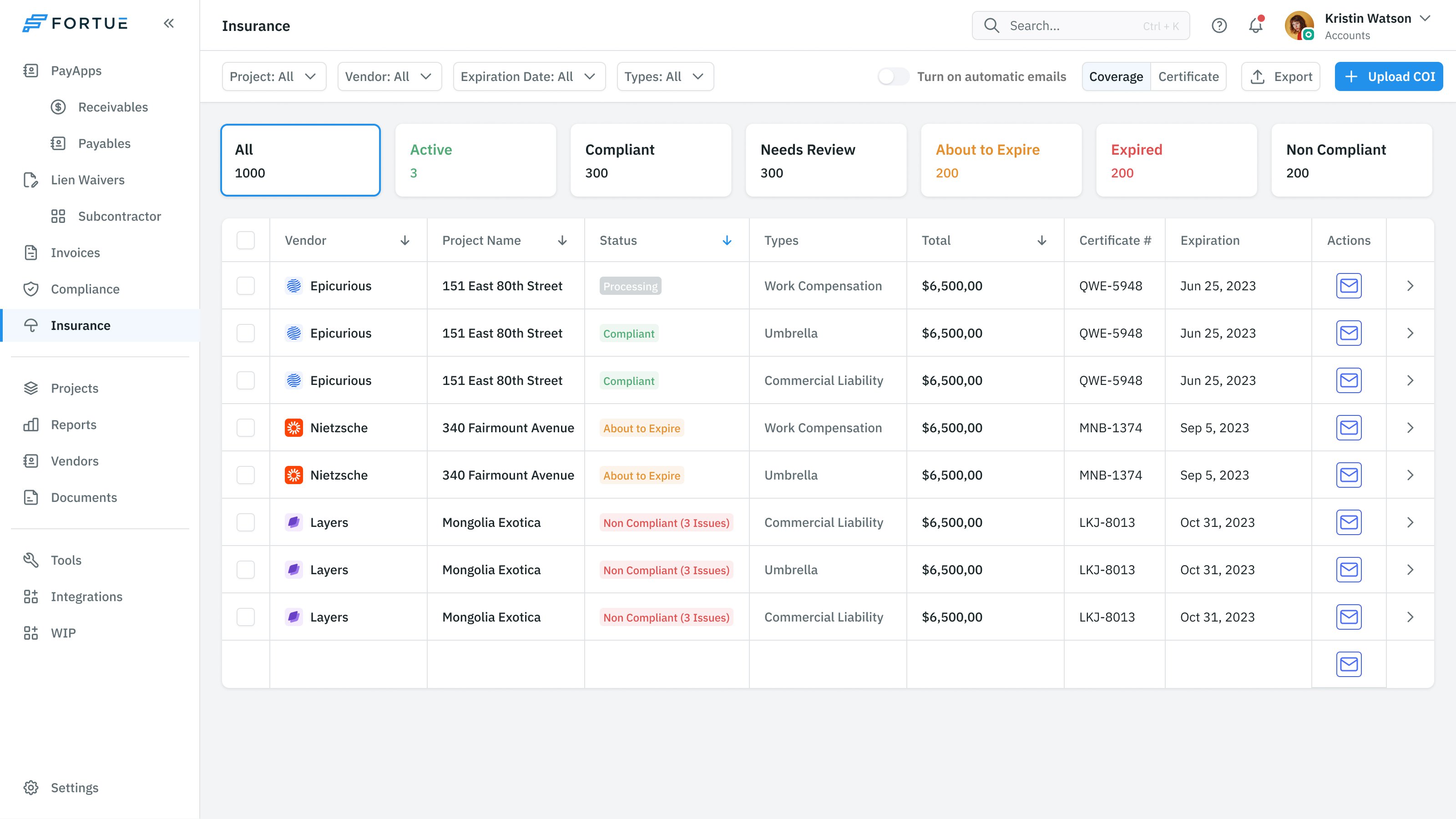 Insurance certificate register with vendor, project, coverage, expiry and compliance status in each row
