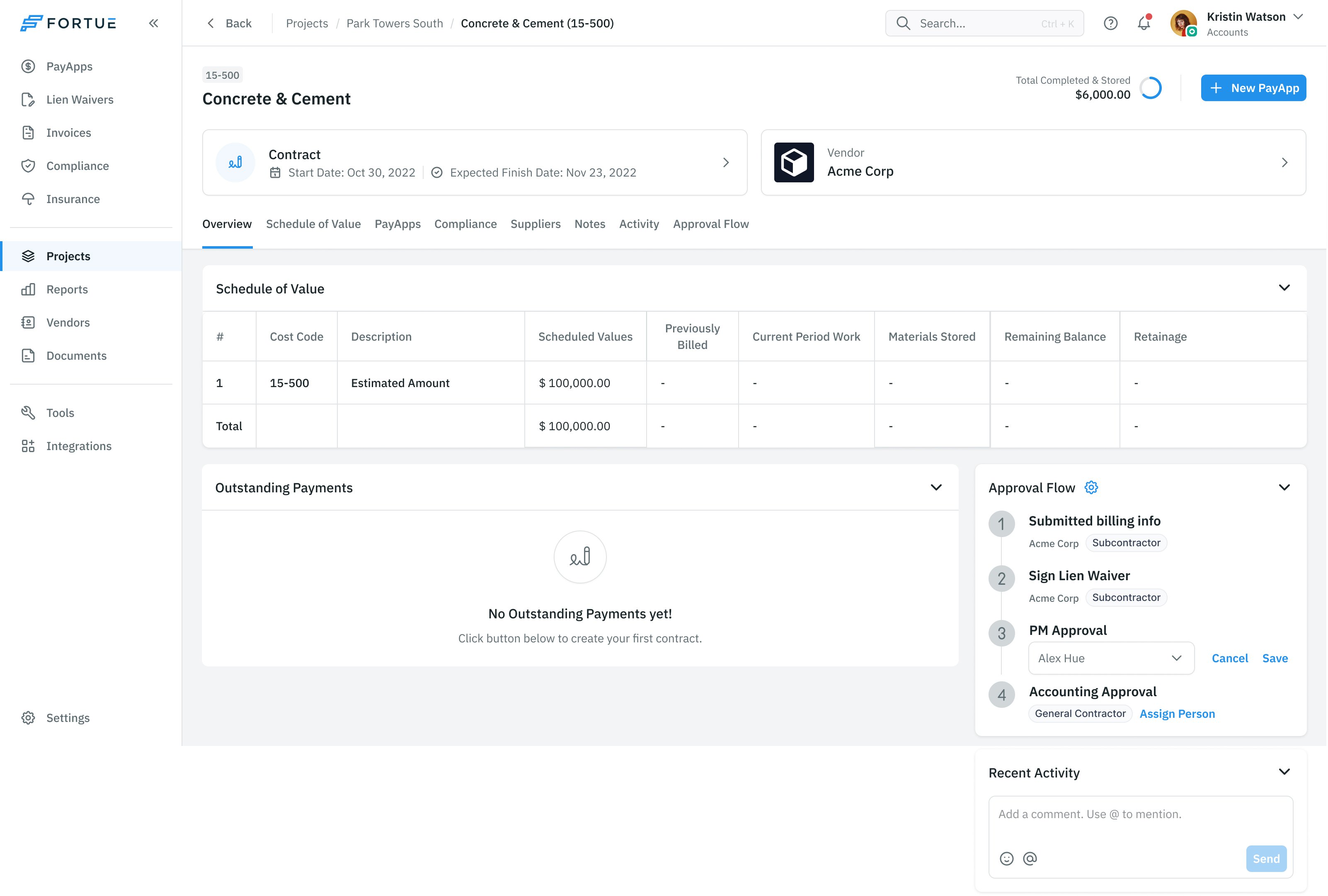 Contract overview with collapsible schedule and payment sections and the approval flow visible on the right