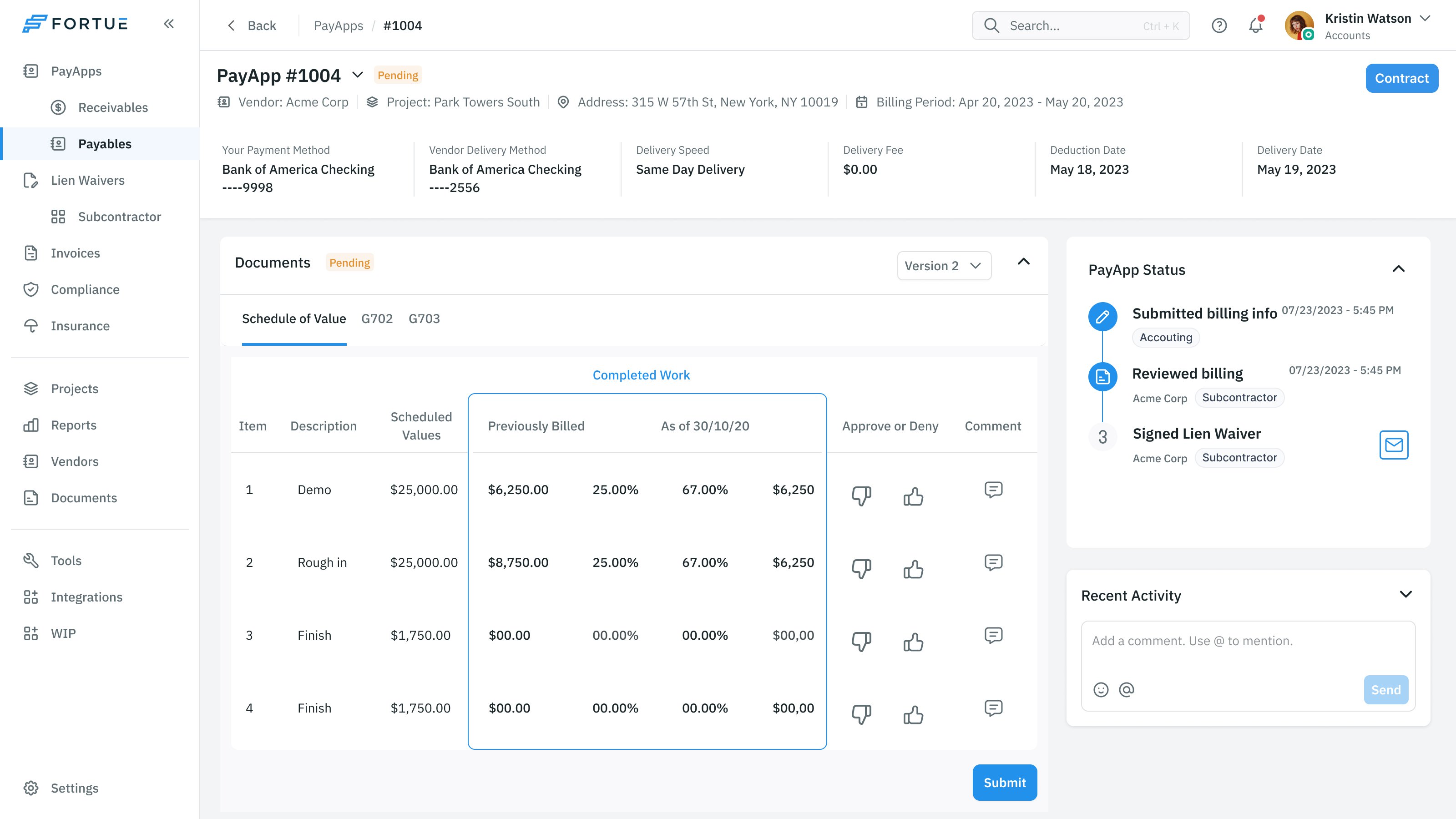 Payment application with the completed-work table and individual approve, deny and comment controls alongside its workflow status