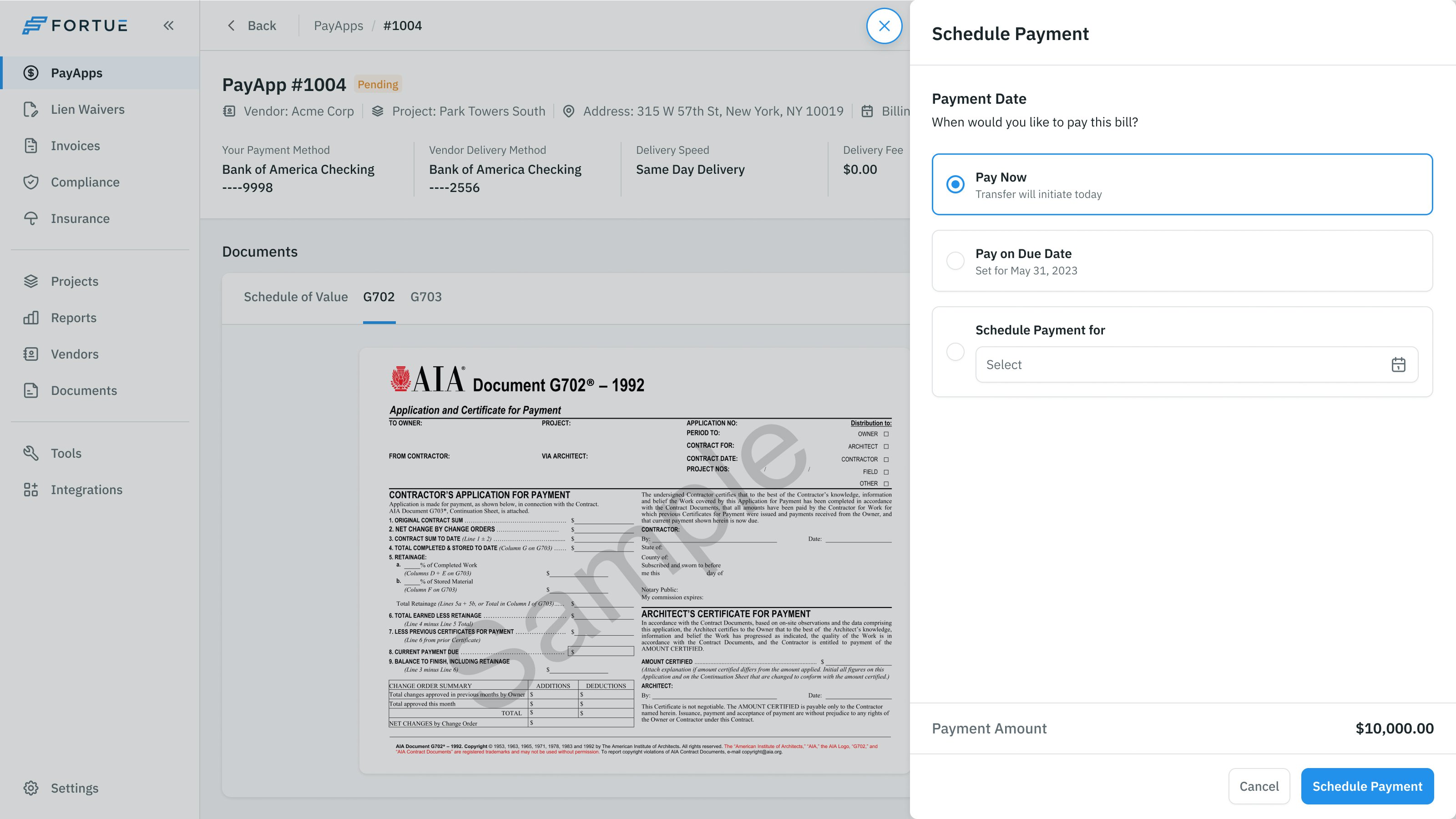 Schedule Payment panel with immediate, due-date and chosen-date options over the payment application