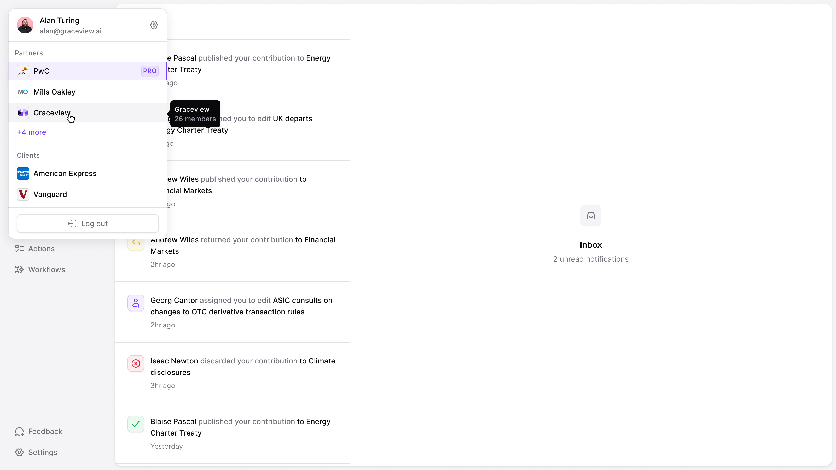 The inbox, with the account menu open to switch between partner and client organisations