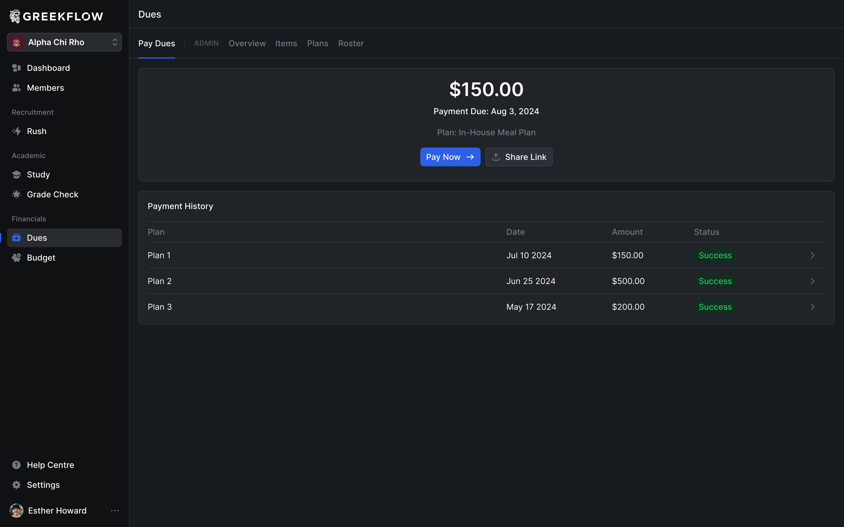 Member dues page with the amount due, due date, Pay Now and Share Link controls above successful payment history