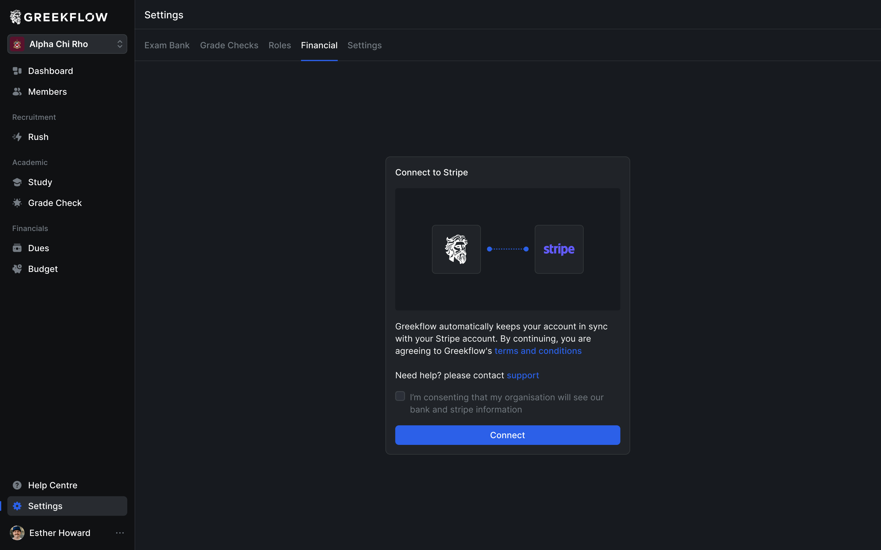 Stripe connection dialog explaining account syncing and showing a consent checkbox before Connect