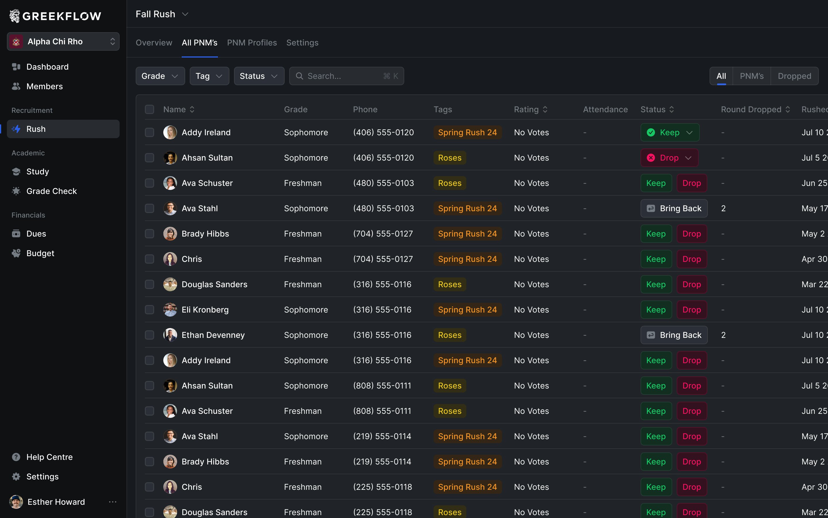 Recruitment table with candidate filters, tags and attendance alongside keep, drop and bring-back states