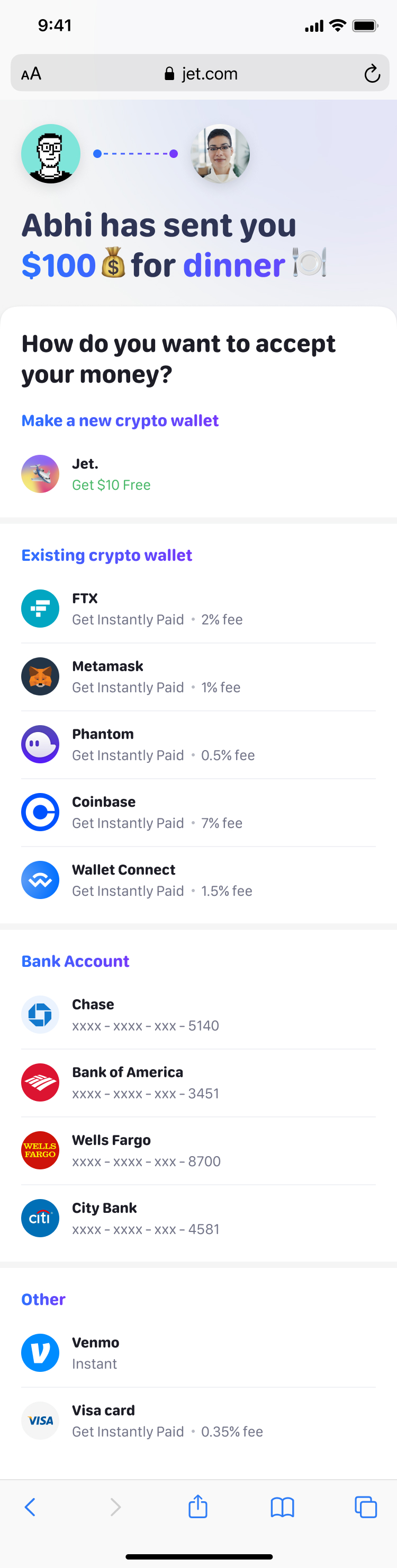 A web page at jet.com asking how to accept $100 for dinner, with a new Jet wallet, existing crypto wallets and their fees