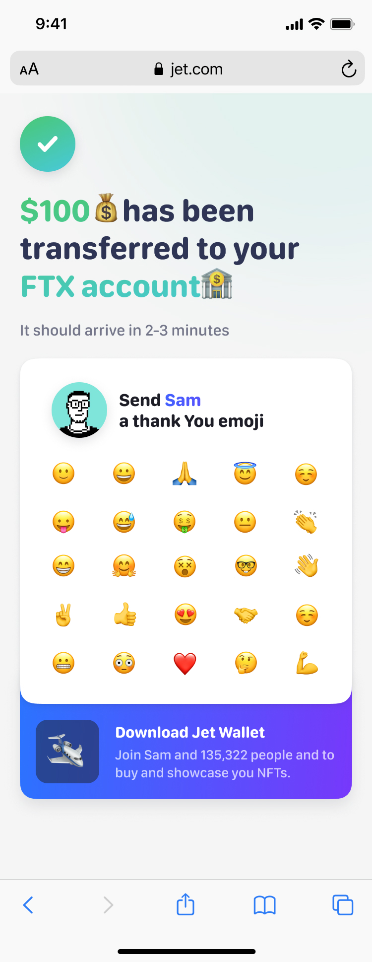 Confirmation that $100 has been transferred, with a grid of emoji to thank the sender and a prompt to download Jet Wallet