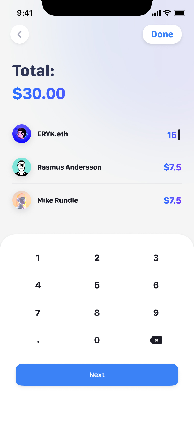 Splitting $30.00 between three people, with one share edited to $15