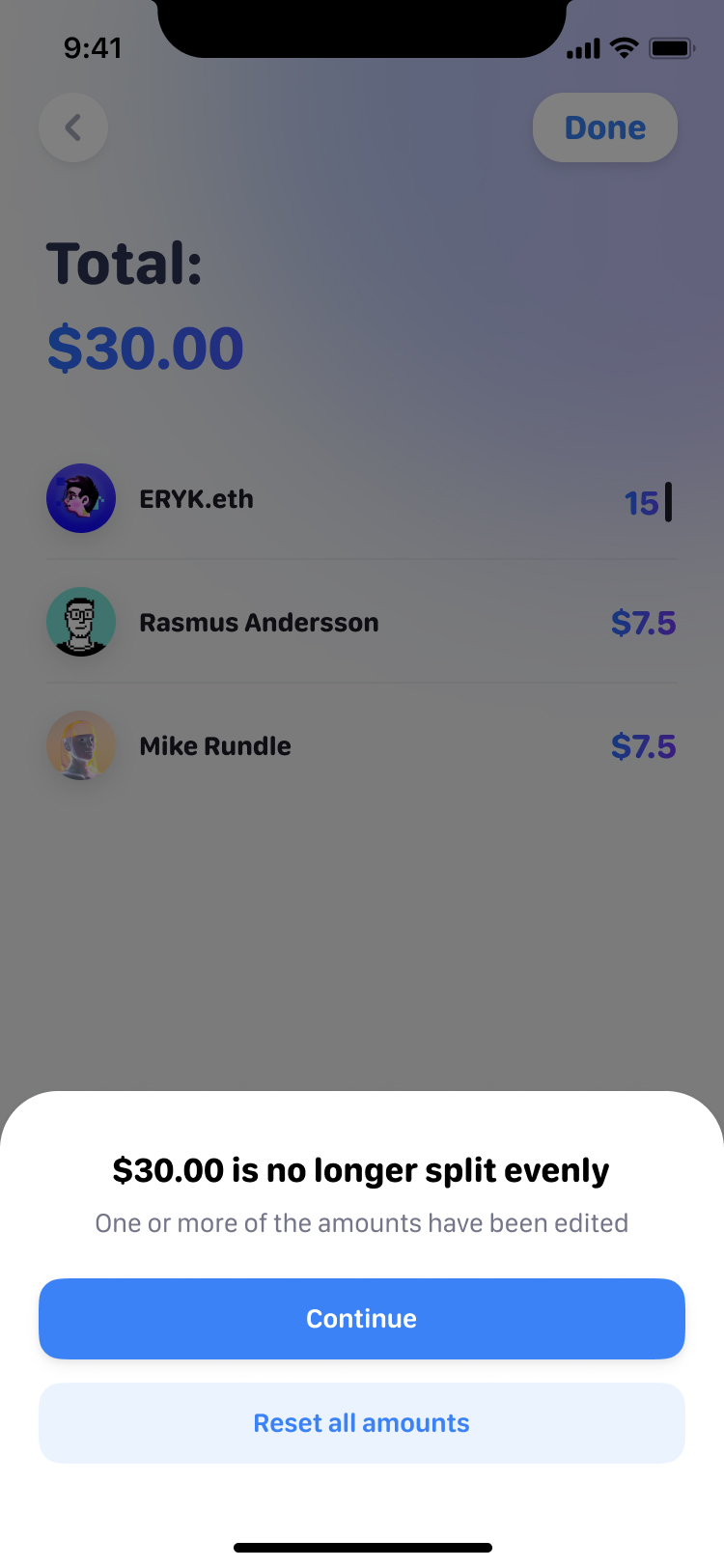A warning that $30.00 is no longer split evenly, with Continue and Reset all amounts