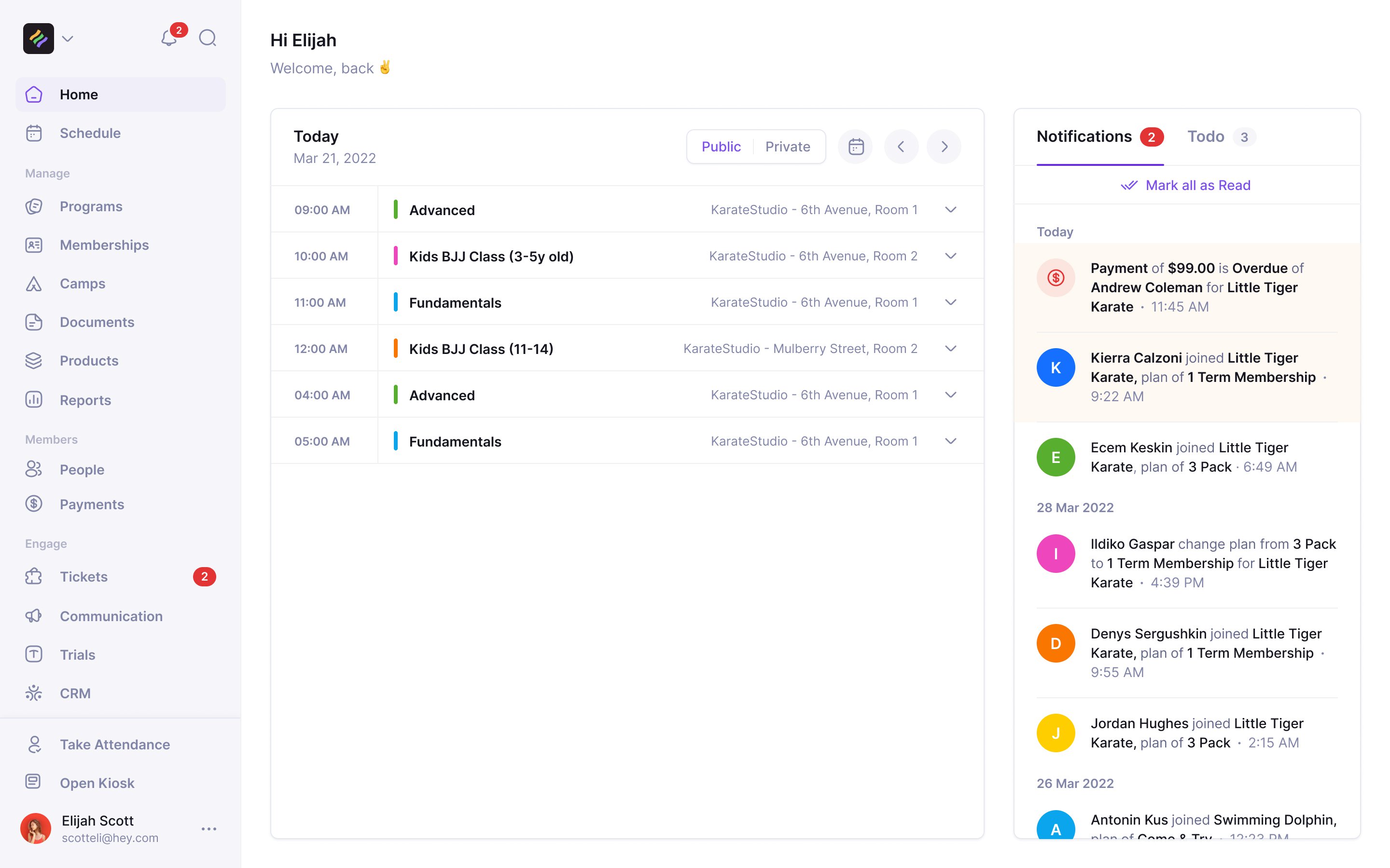 LaunchPad home, with today's classes listed beside notifications of joins, plan changes and overdue payments