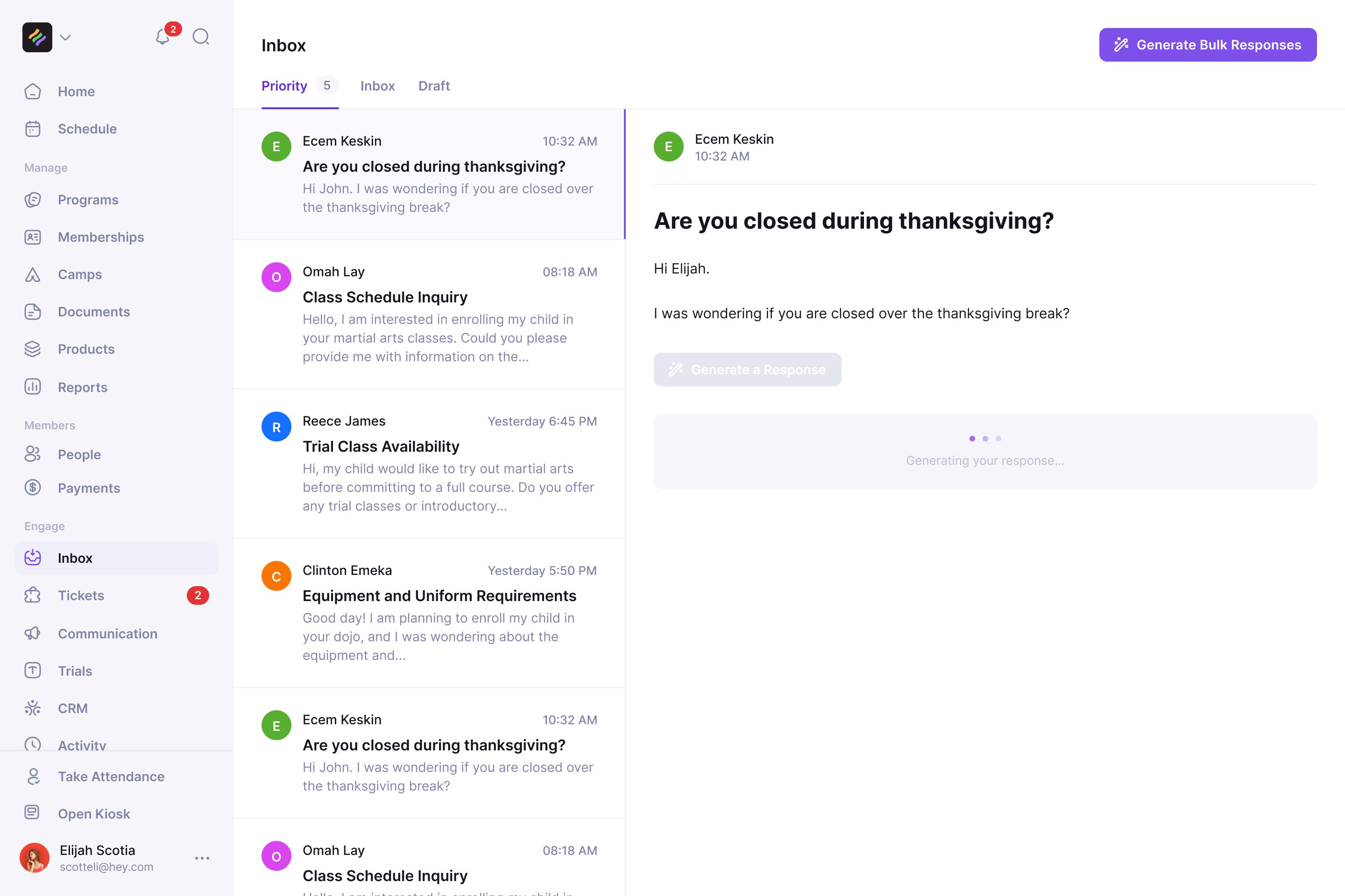 LaunchPad inbox generating a response to a parent's question about Thanksgiving opening hours