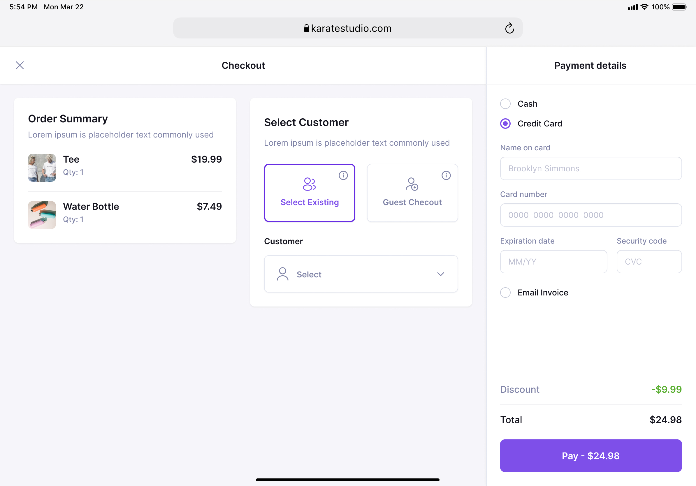 Tablet point of sale with order summary, customer selection and payment by cash, card or invoice