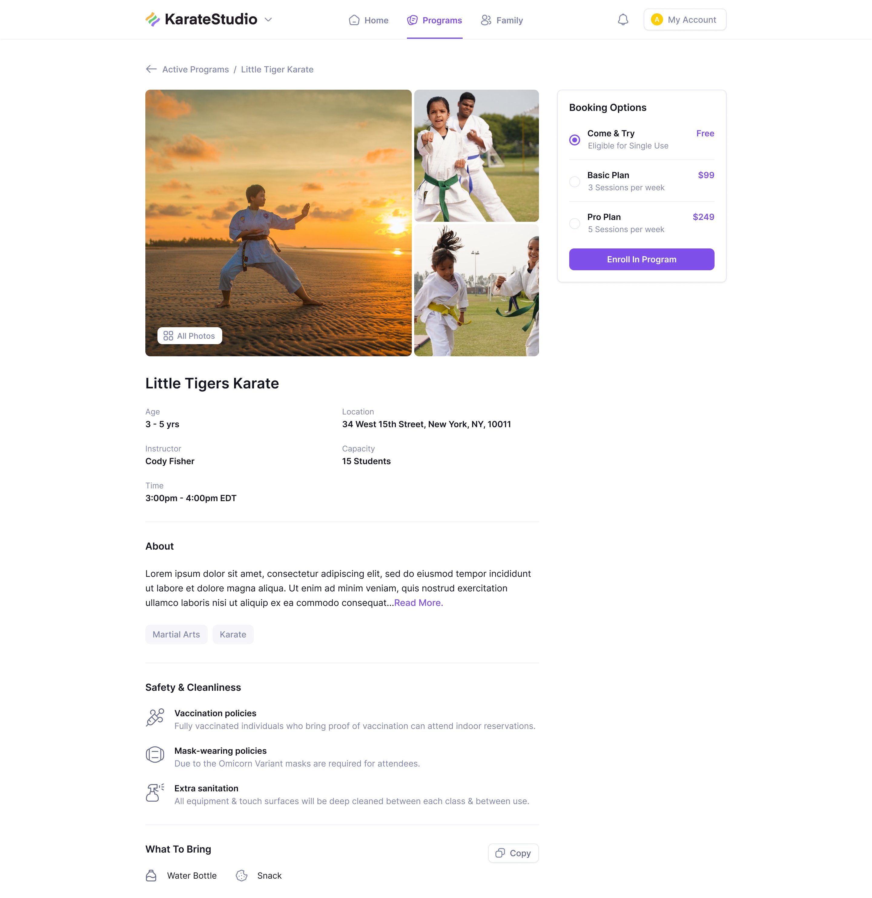 Public Little Tigers Karate page showing age range, location, instructor and membership options