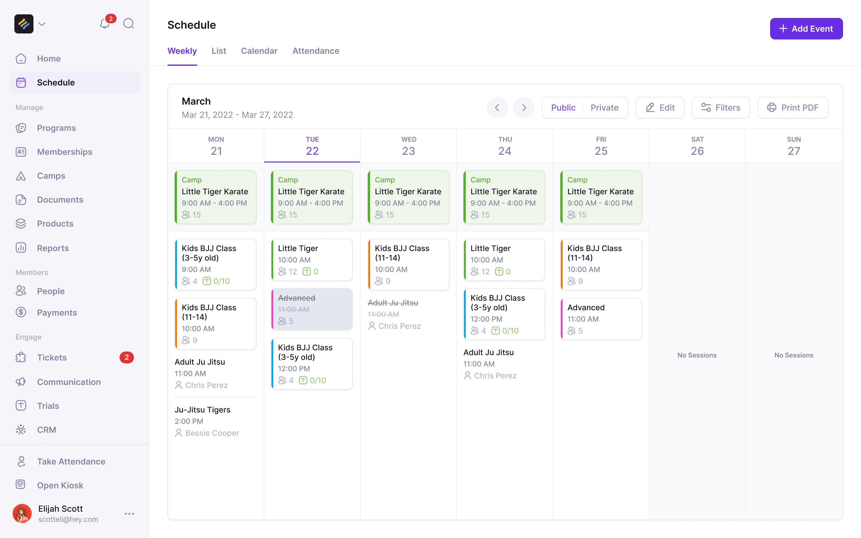 Weekly schedule with compact class cards, daily camp sessions, student counts, trial capacity and Print PDF