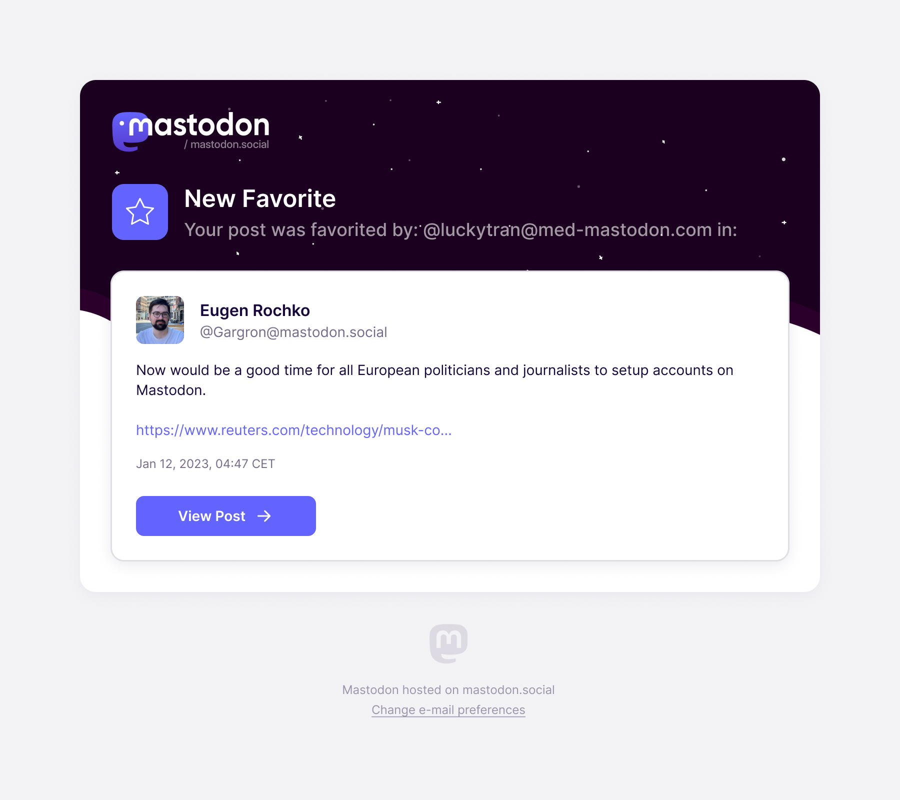 Favourite notification presenting the original post and its author above a View Post button