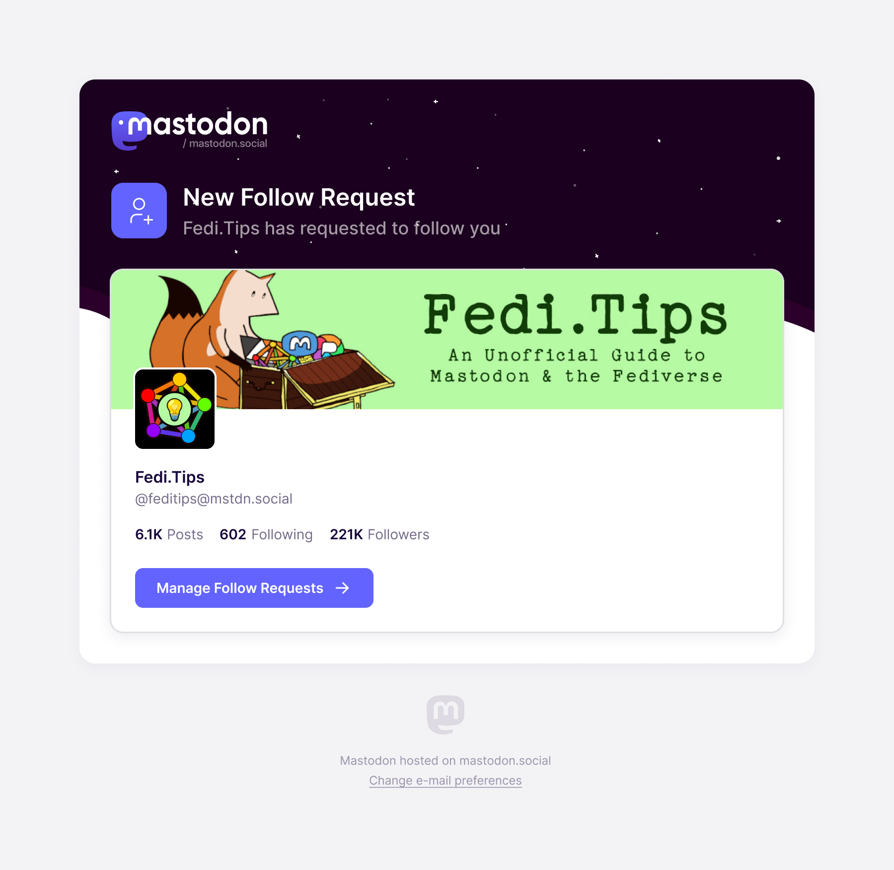 Follow request notification with the requesting profile and a Manage Follow Requests action