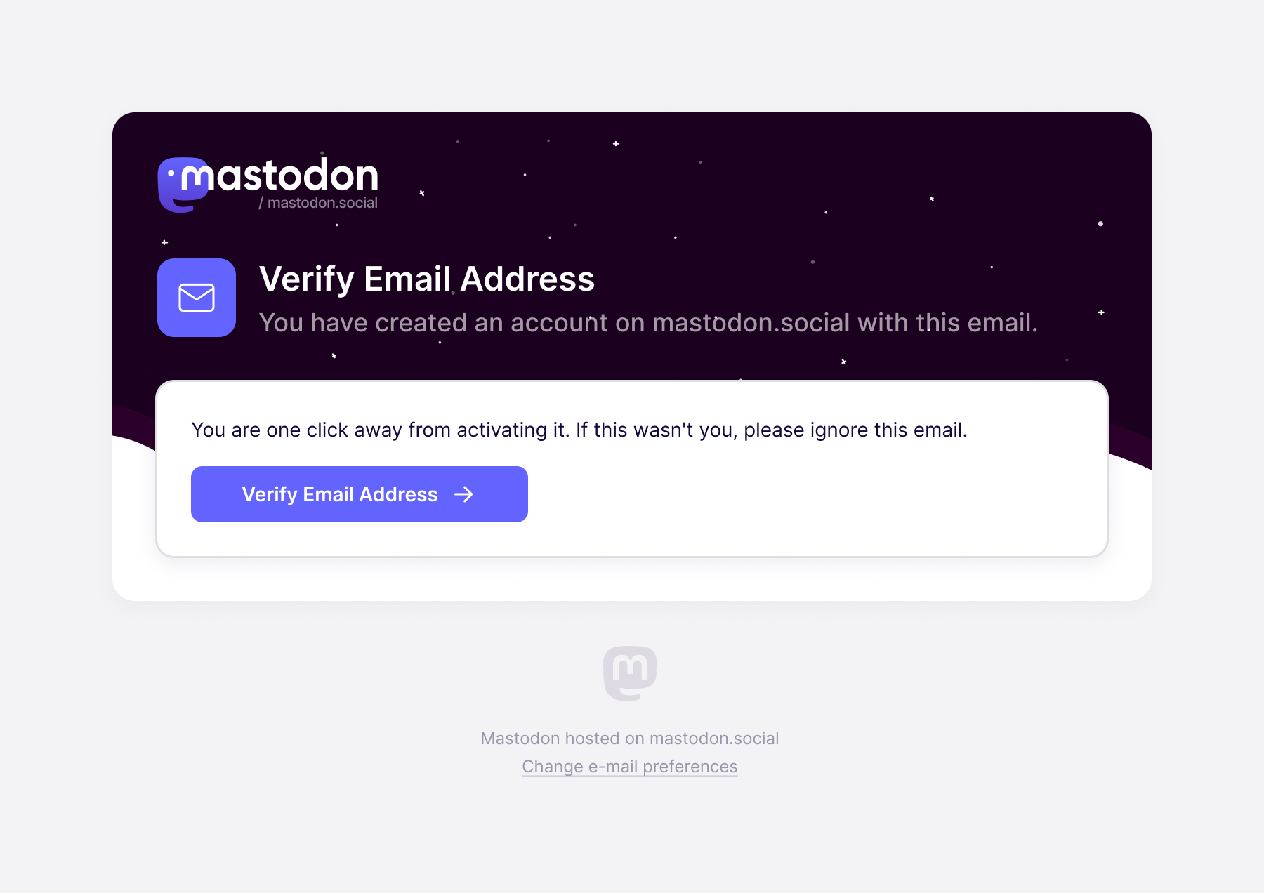 Verification email naming mastodon.social as the account's server before its Verify Email Address button