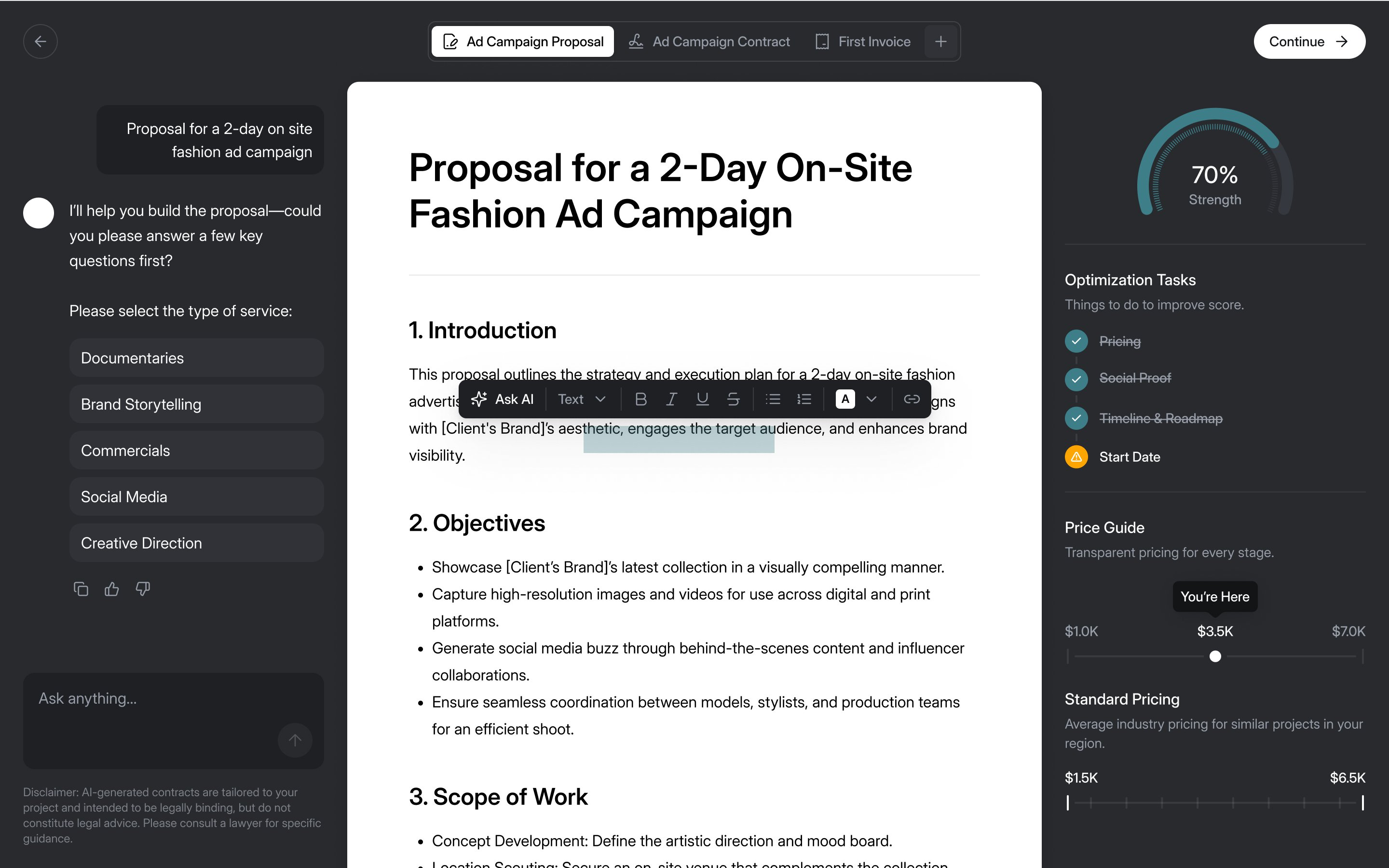 The first proposal editor: an AI chat on the left, the proposal in the middle, and on the right a 70% strength gauge, optimisation tasks and two pricing sliders
