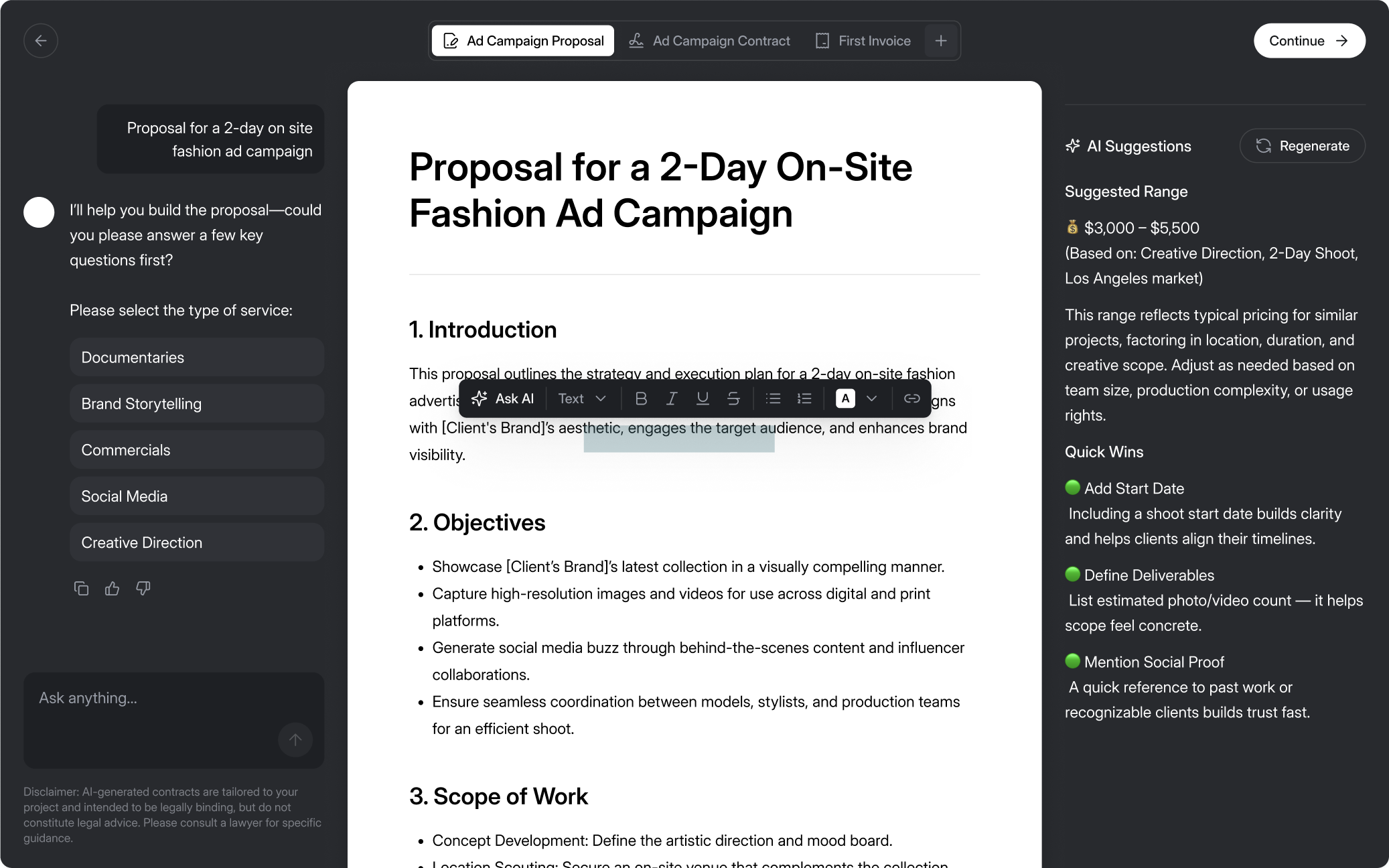 The revised proposal editor, with a suggested price range and quick wins written as plain text in place of the gauge and sliders