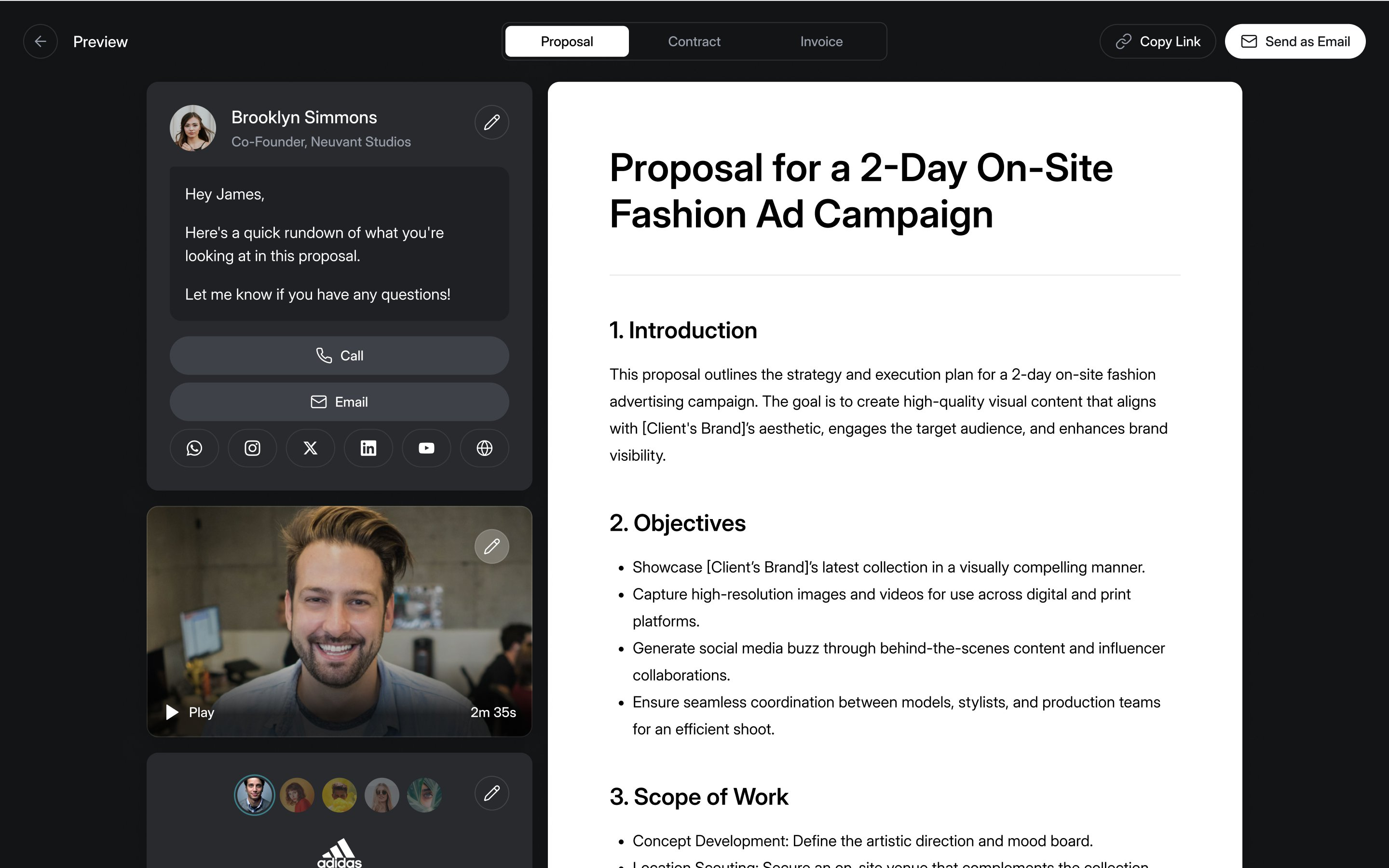 The same preview with the intro message, call and email buttons, social links and a video in place