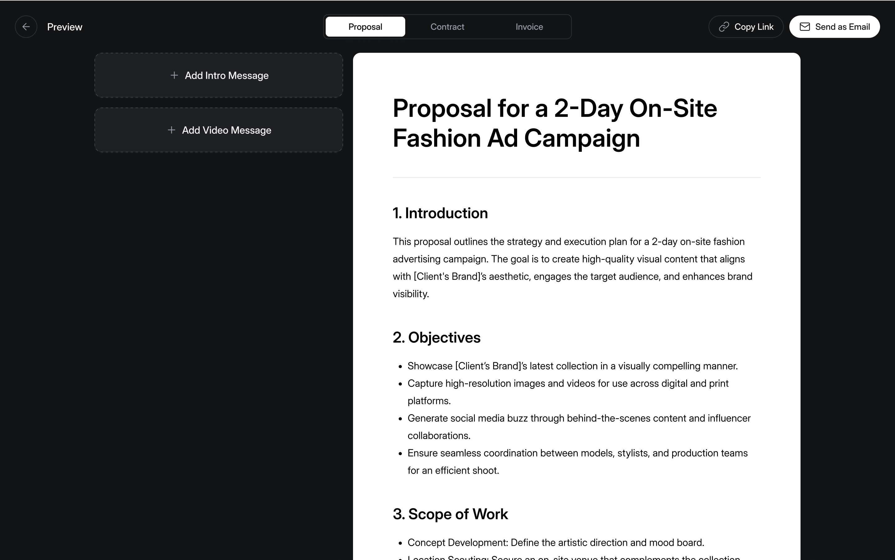 Previewing a proposal before sending, with buttons to add an intro message and a video message