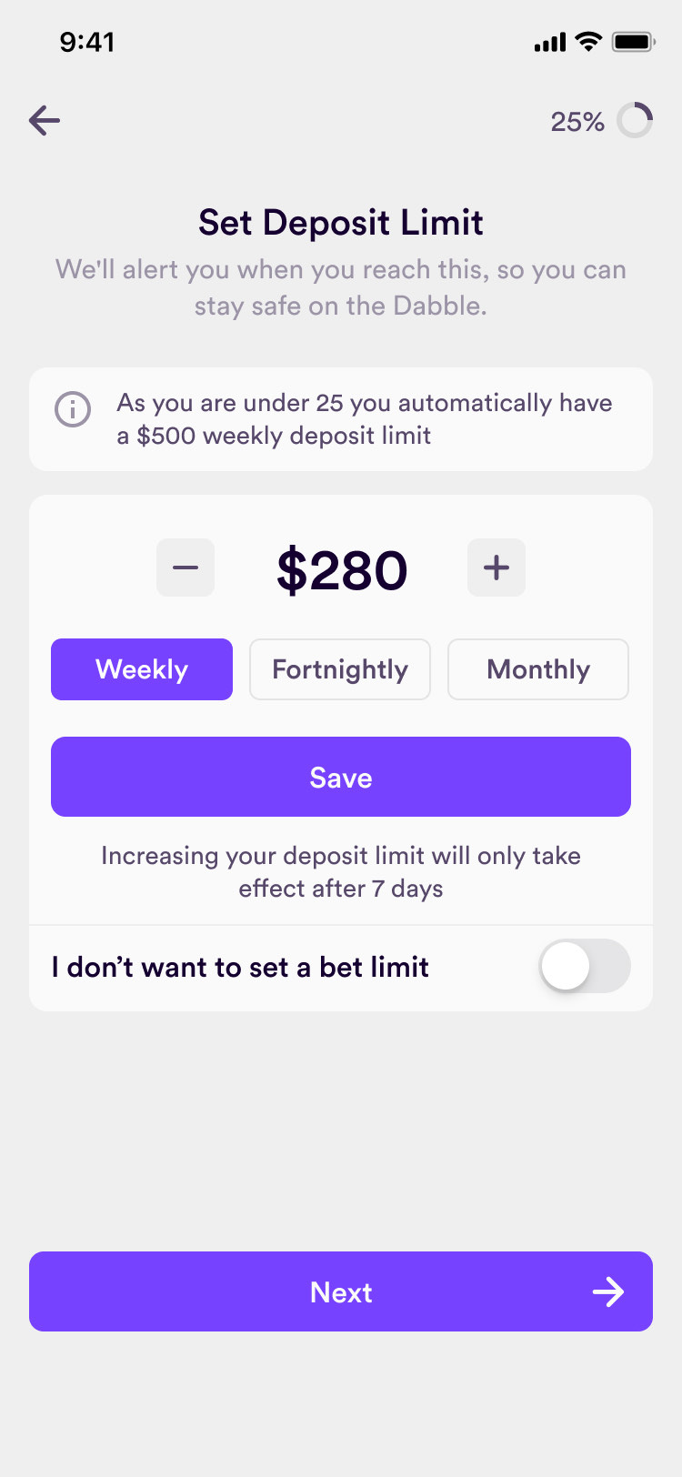 Dabble onboarding limits