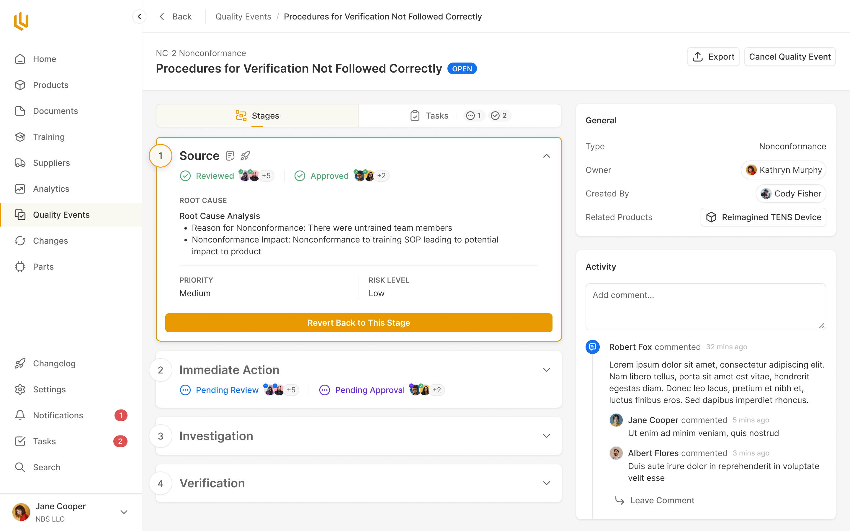 Ultralight quality event workflow