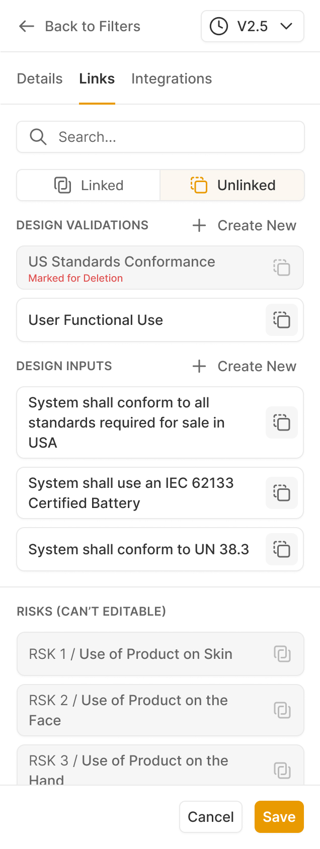 The same element pane showing unlinked design elements available to connect