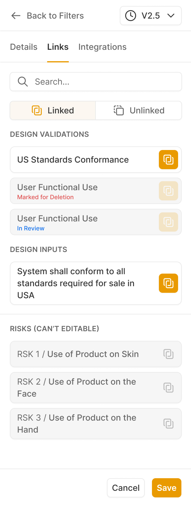The element pane showing linked design elements grouped by type