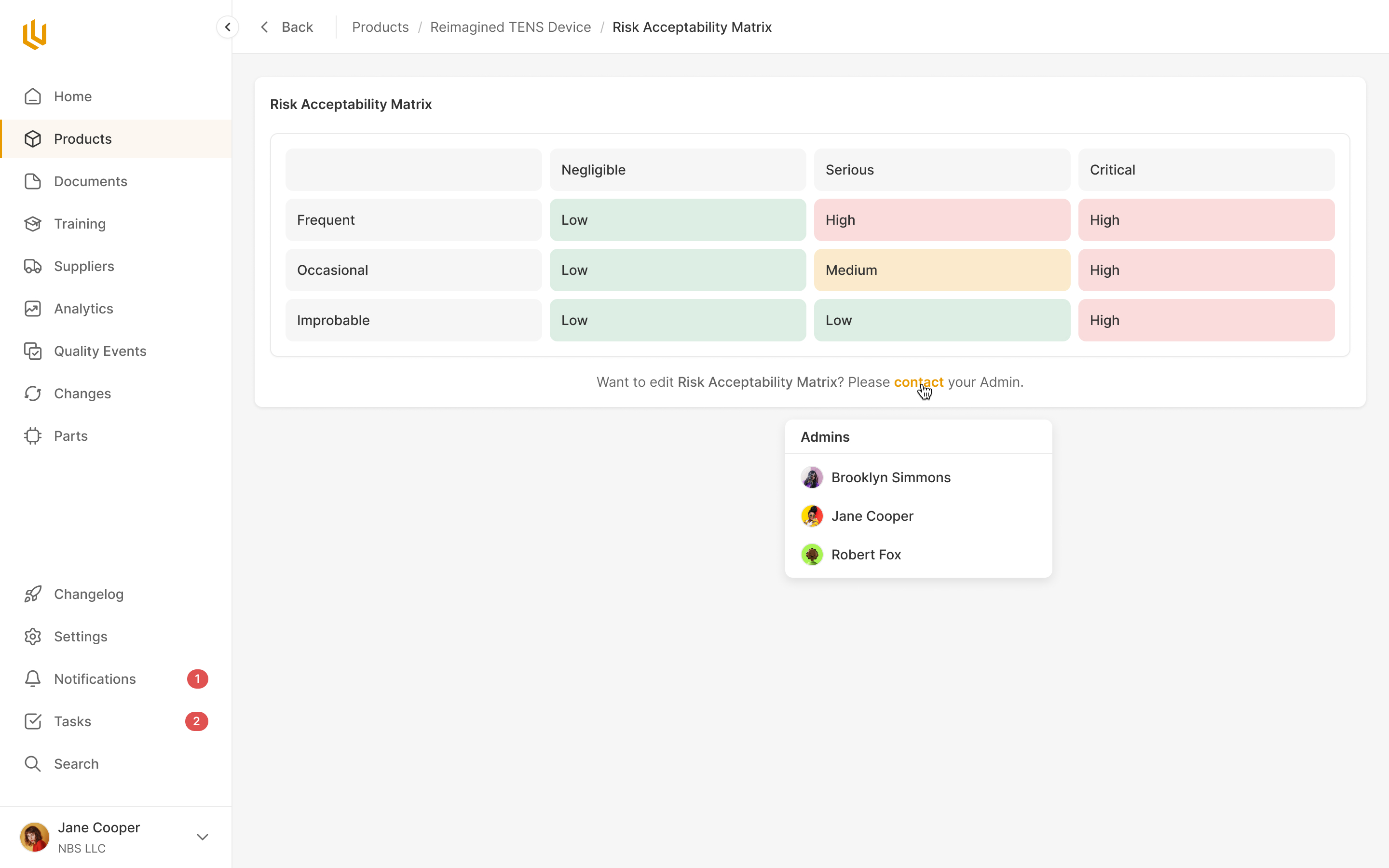 The same kind of risk matrix in a read-only view, with an instruction to contact an administrator to edit it