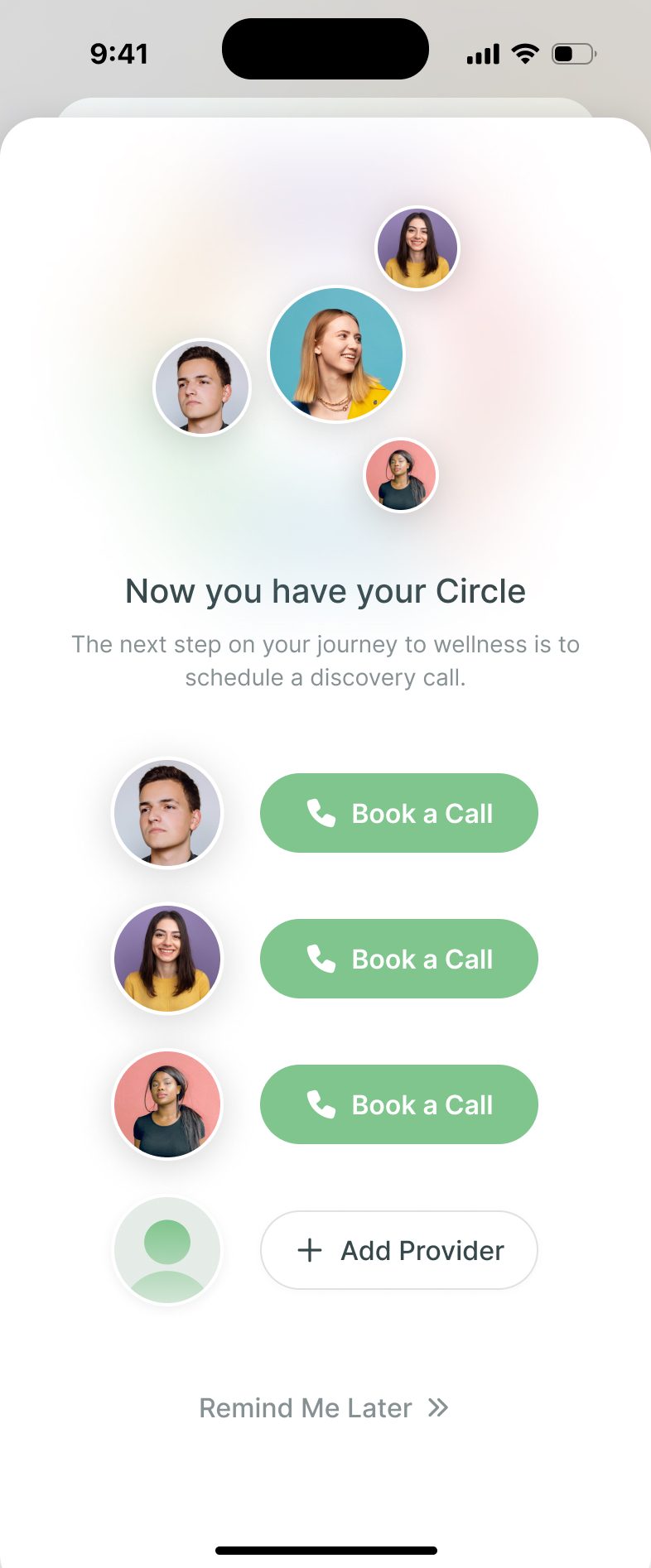 Circle completion screen with separate Book a Call actions for each practitioner, Add Provider and Remind Me Later