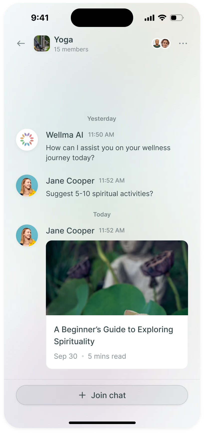 Community conversation preview with its name and member count, example messages and a shared article above Join Chat