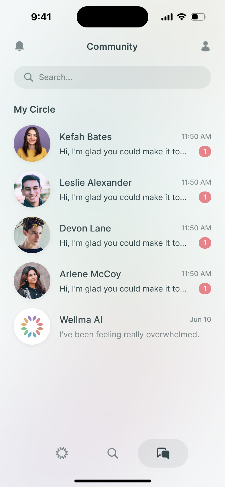 Wellma community inbox with a list of circle conversations, previews and unread counts