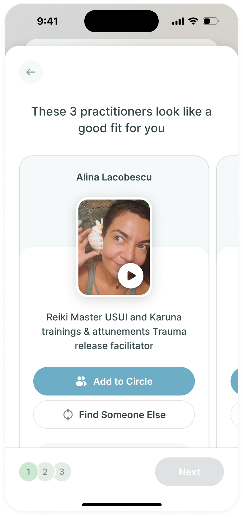 Pairing result with a practitioner introduction, video, Add to Circle and Find Someone Else controls