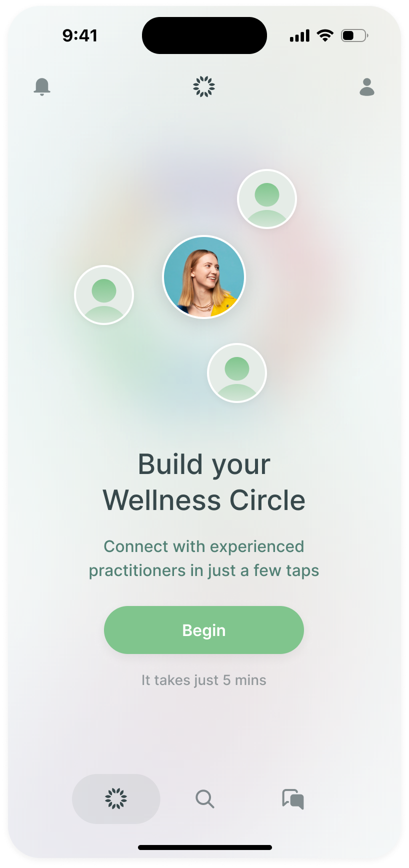 Wellma pairing introduction showing the person at the centre of a wellness circle above Begin